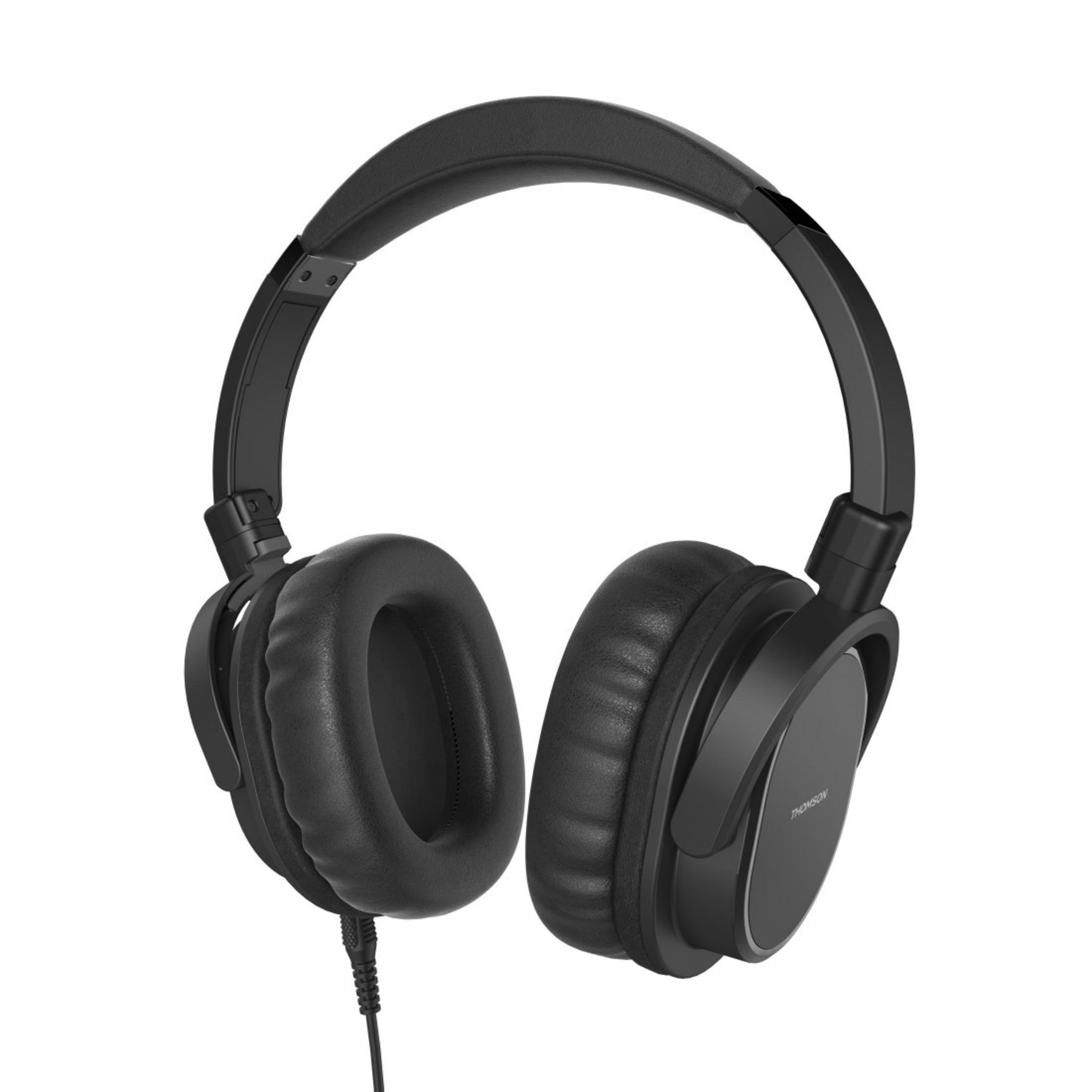 Cuffie Thomson nere su sfondo bianco. Le cuffie sono over-ear con una fascia di collegamento.