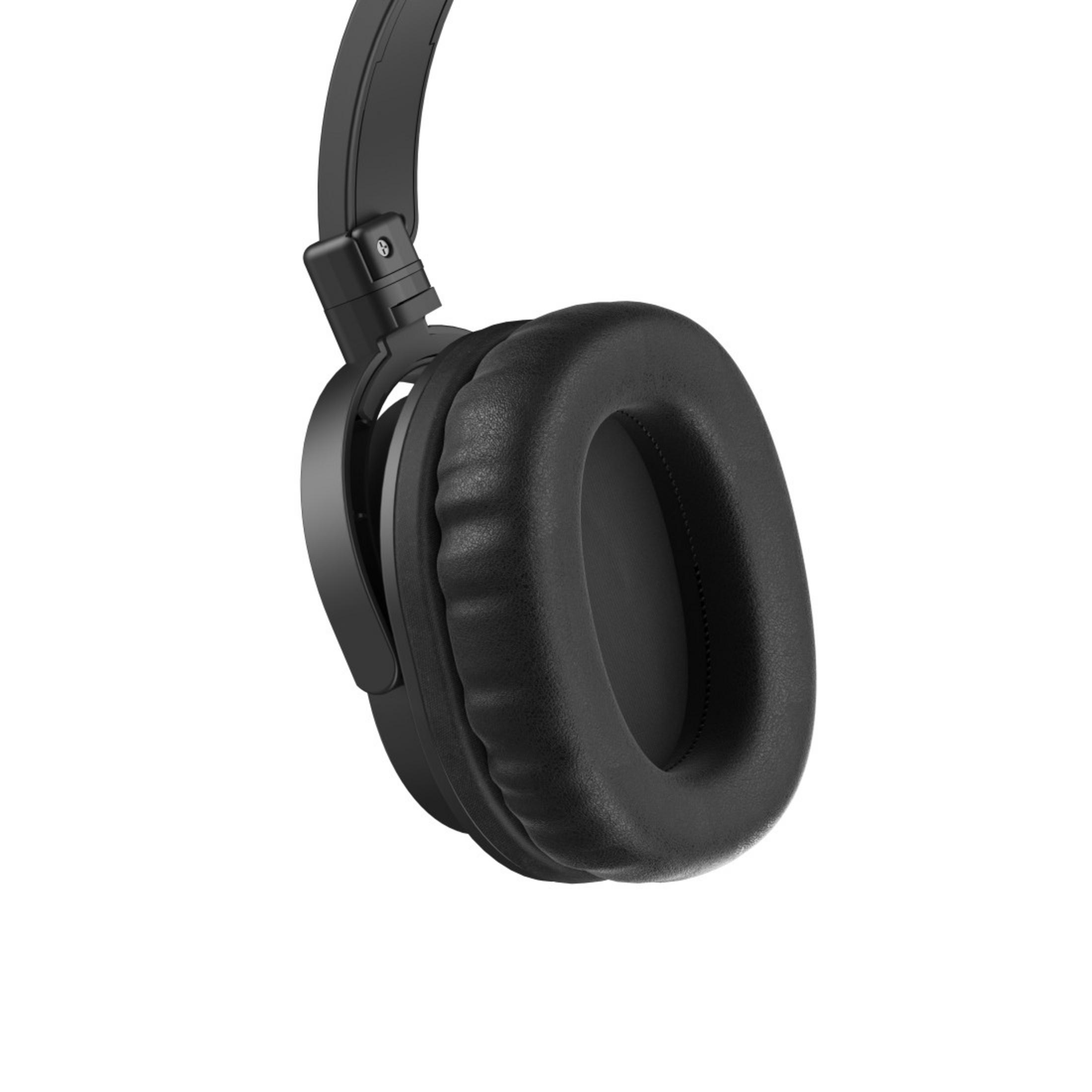 Paio di cuffie nere. I padiglioni auricolari sono ovali e imbottiti, con archetto nero.