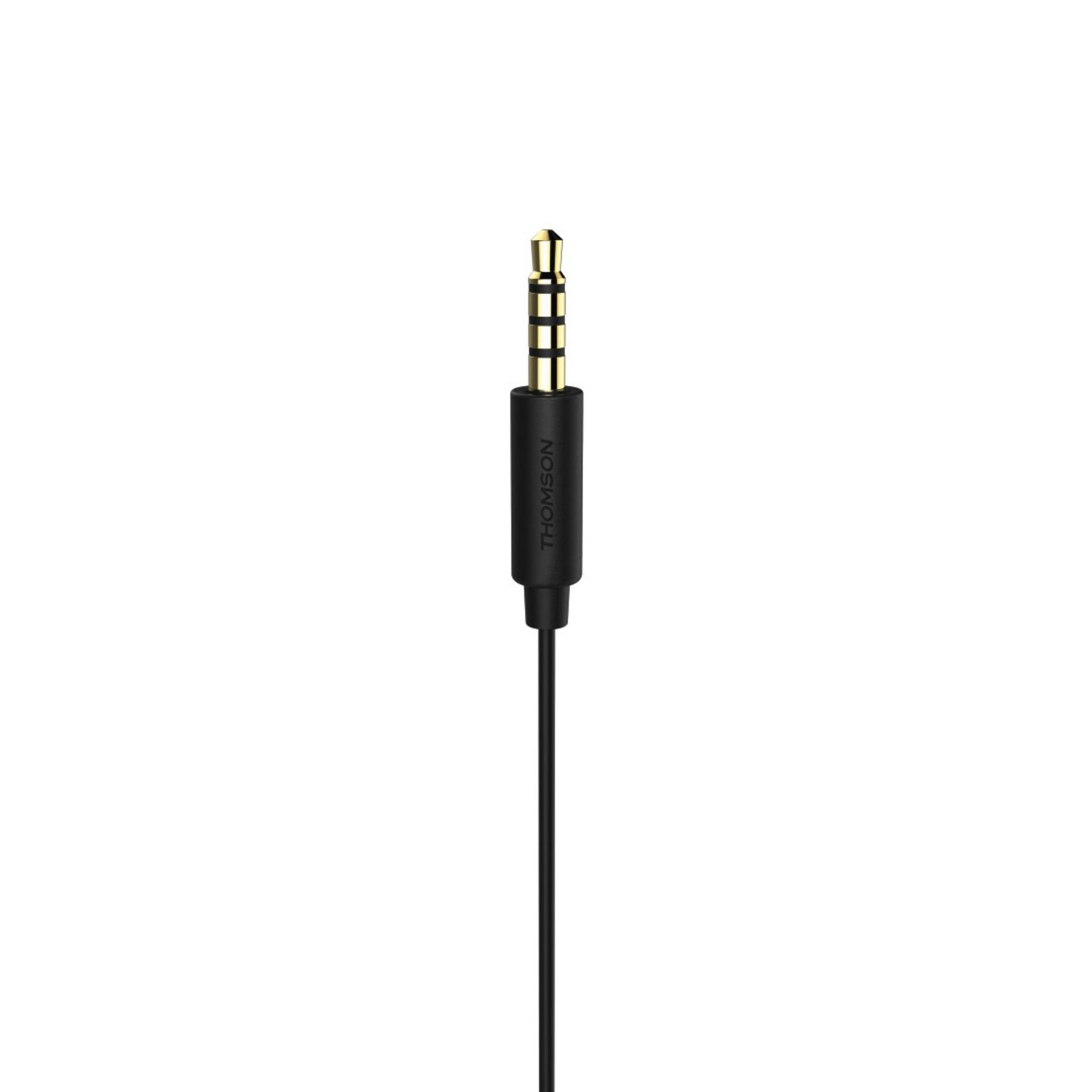 Jack audio nero con punta dorata collegato a un sottile cavo nero, isolato su bianco.