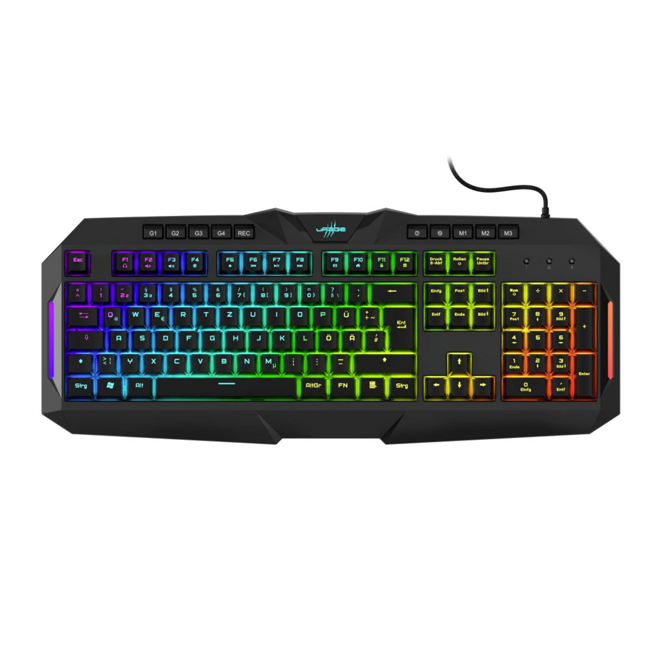 Schwarze Gaming-Tastatur mit regenbogenfarbenen Tasten und beleuchteten Funktionstasten.