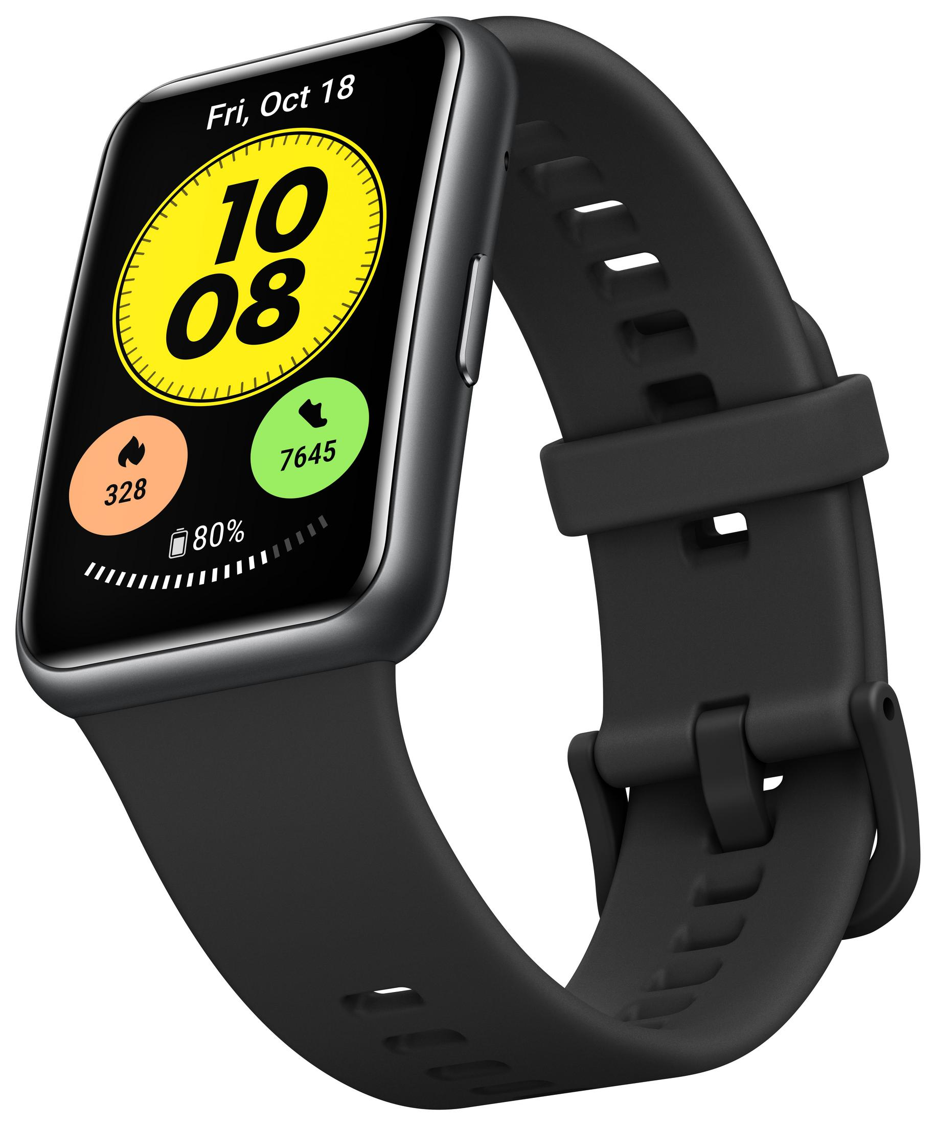 Eine schwarze Smartwatch mit schwarzem Armband, die Datum, Uhrzeit und Gesundheitsmetriken anzeigt.