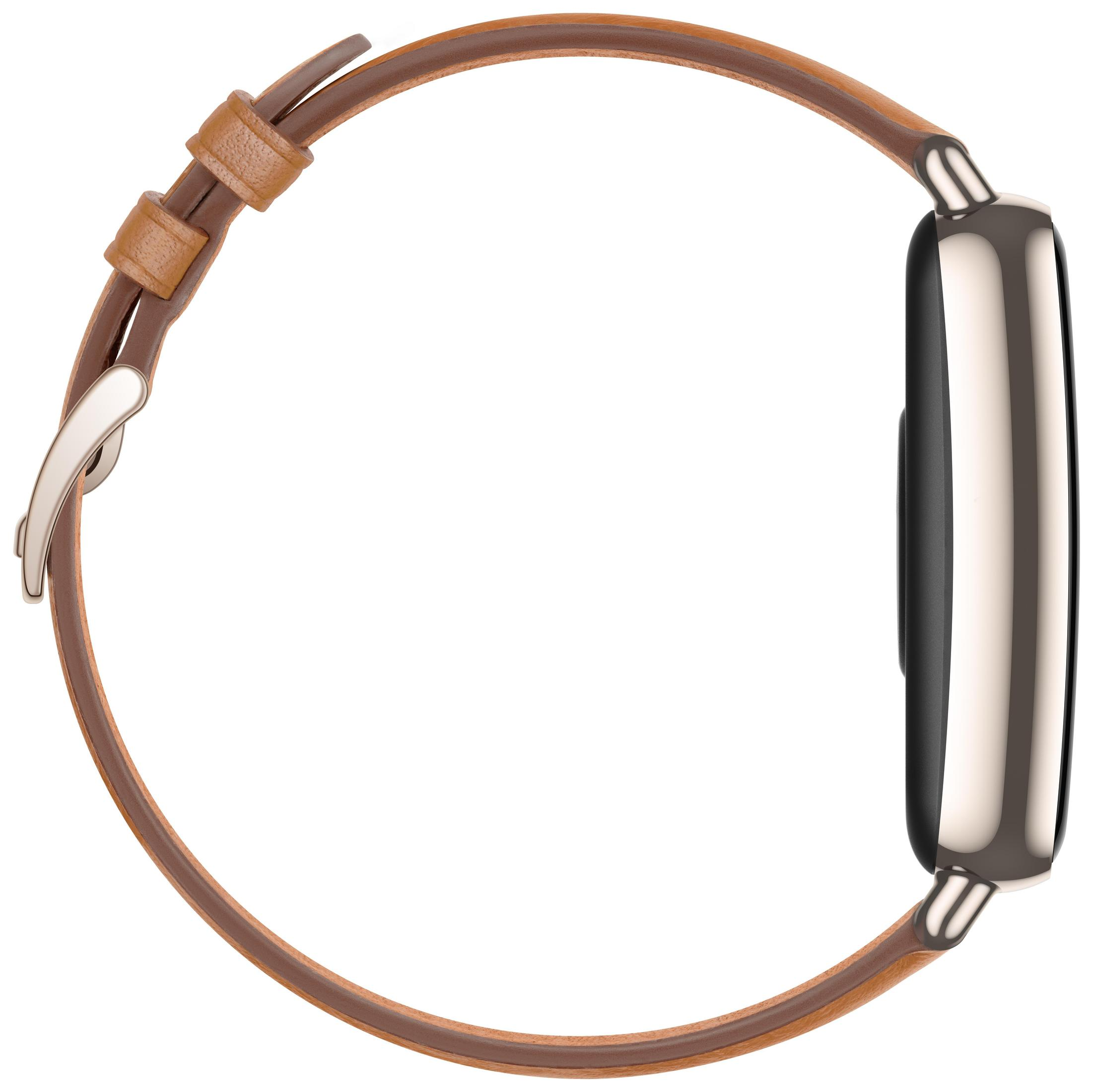Uno smartwatch con cassa dorata e cinturino in pelle marrone, vista laterale.