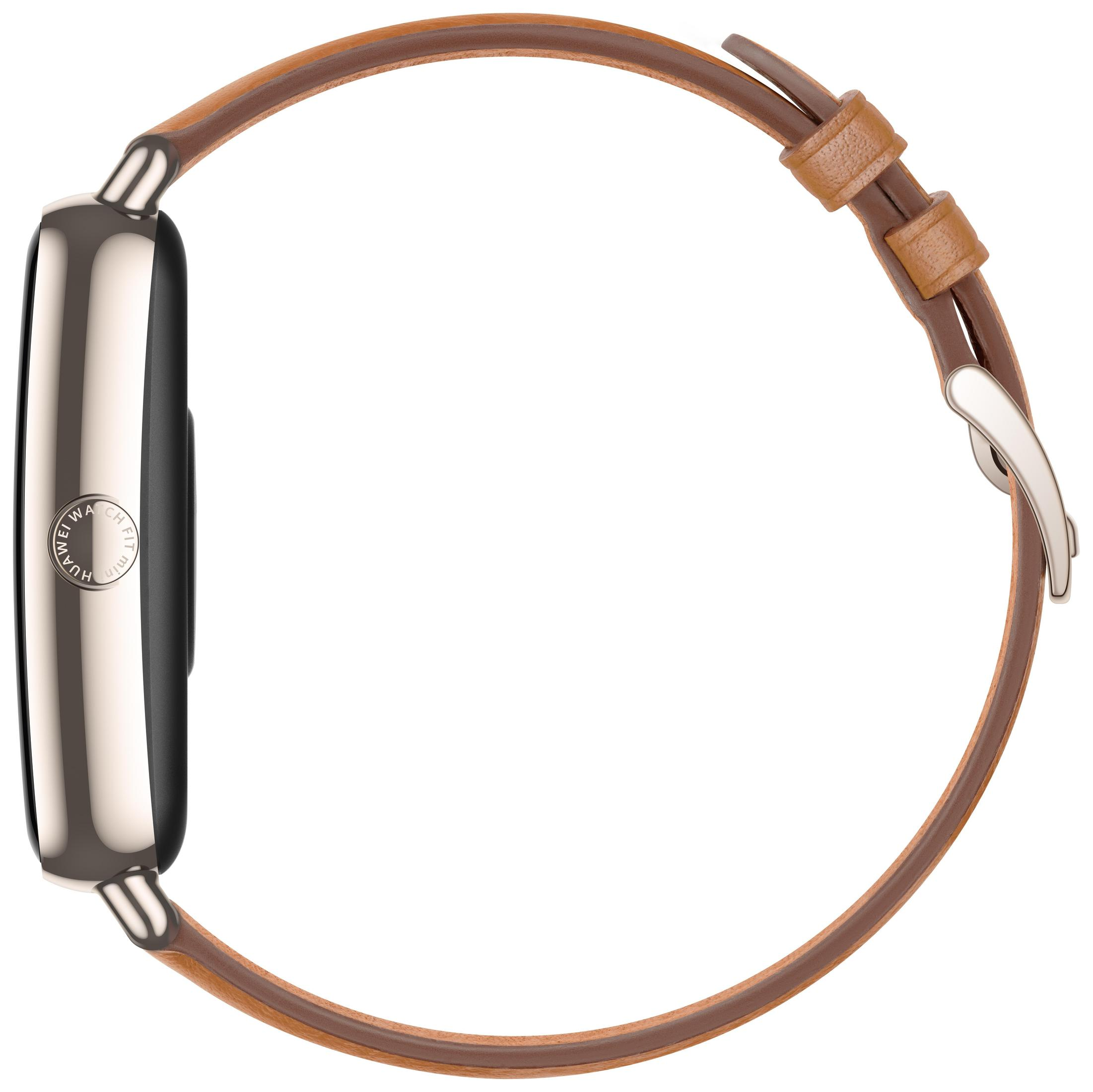 Una vista laterale di uno smartwatch argentato con un cinturino in pelle marrone.