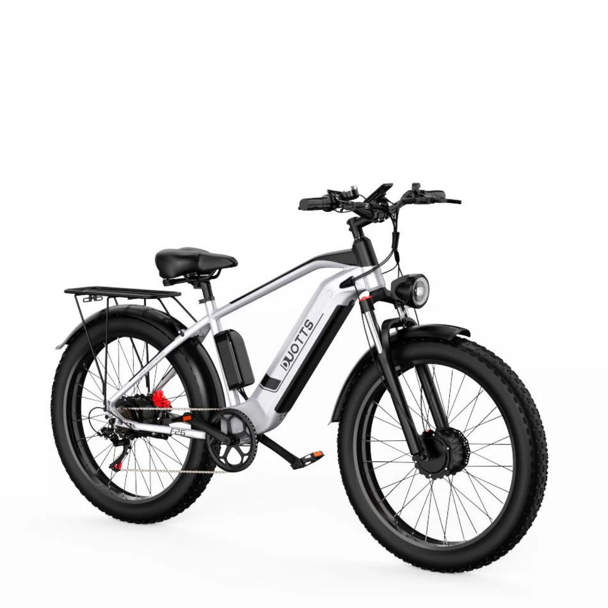 Silber-schwarzes Elektrofahrrad, weißer Hintergrund.