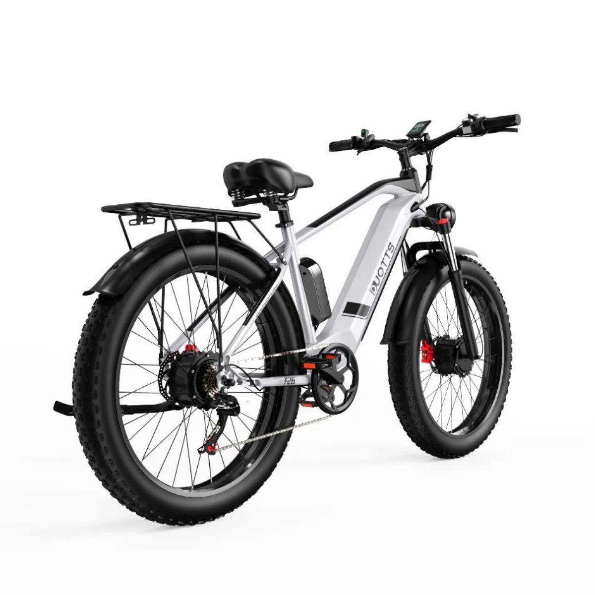 Ein Elektrofahrrad mit weißem Rahmen. Die Reifen sind groß und schwarz.