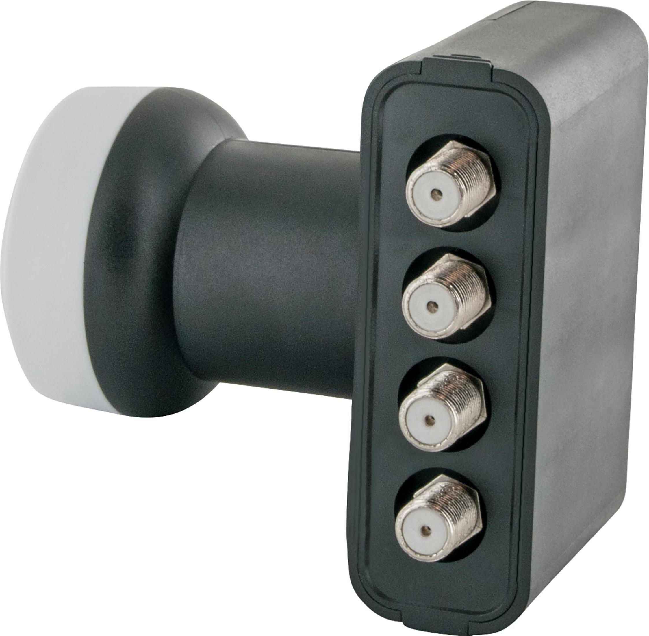 Czarny odbiornik satelitarny. Cztery porty połączeniowe. Białe tło.