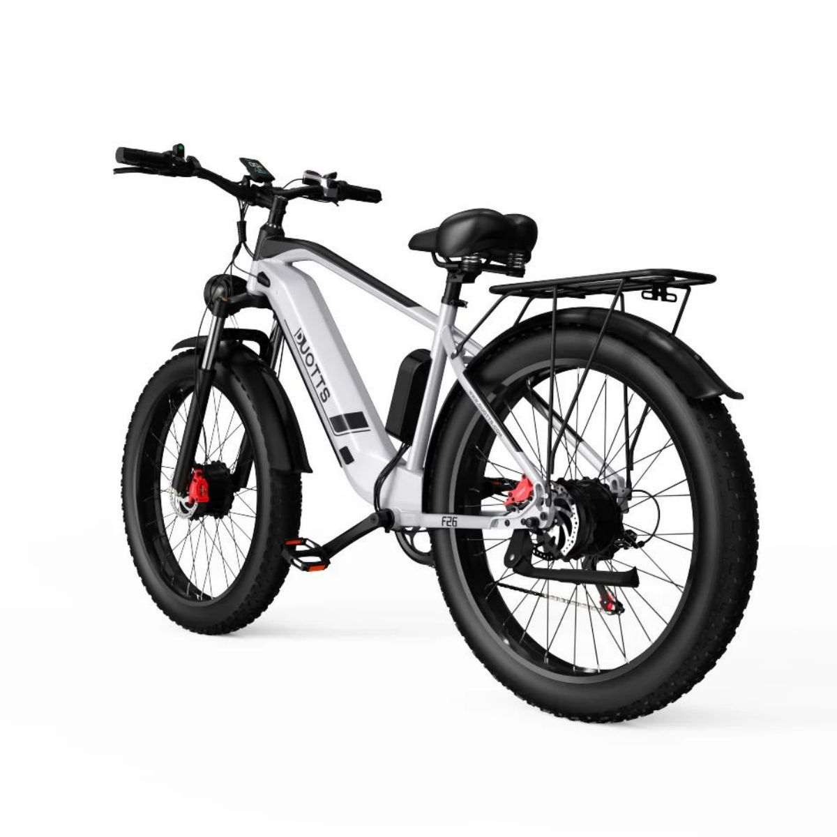 Weißes Elektrofahrrad mit schwarzen Reifen und Heckgepäckträger, auf weißem Hintergrund.