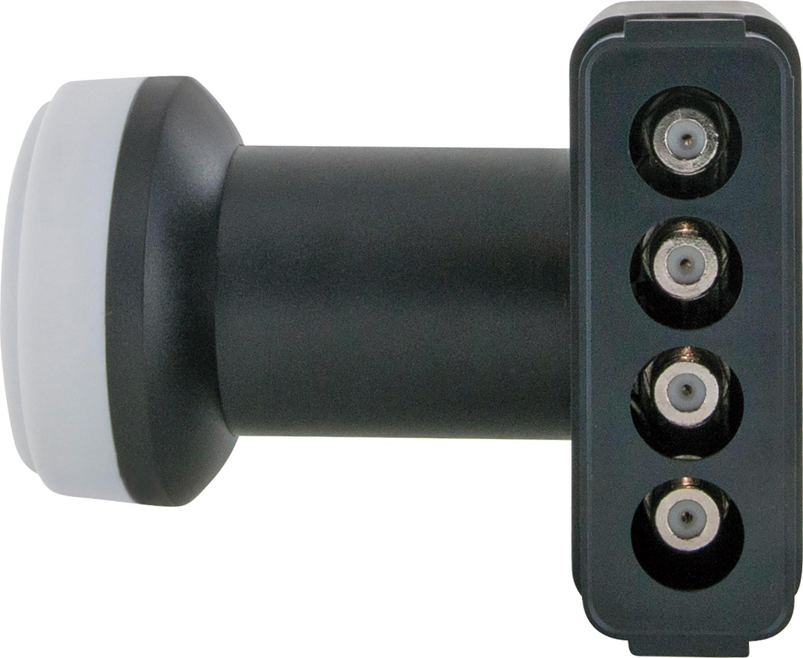 Czarny odbiornik satelitarny z czterema portami wejściowymi, białe tło.