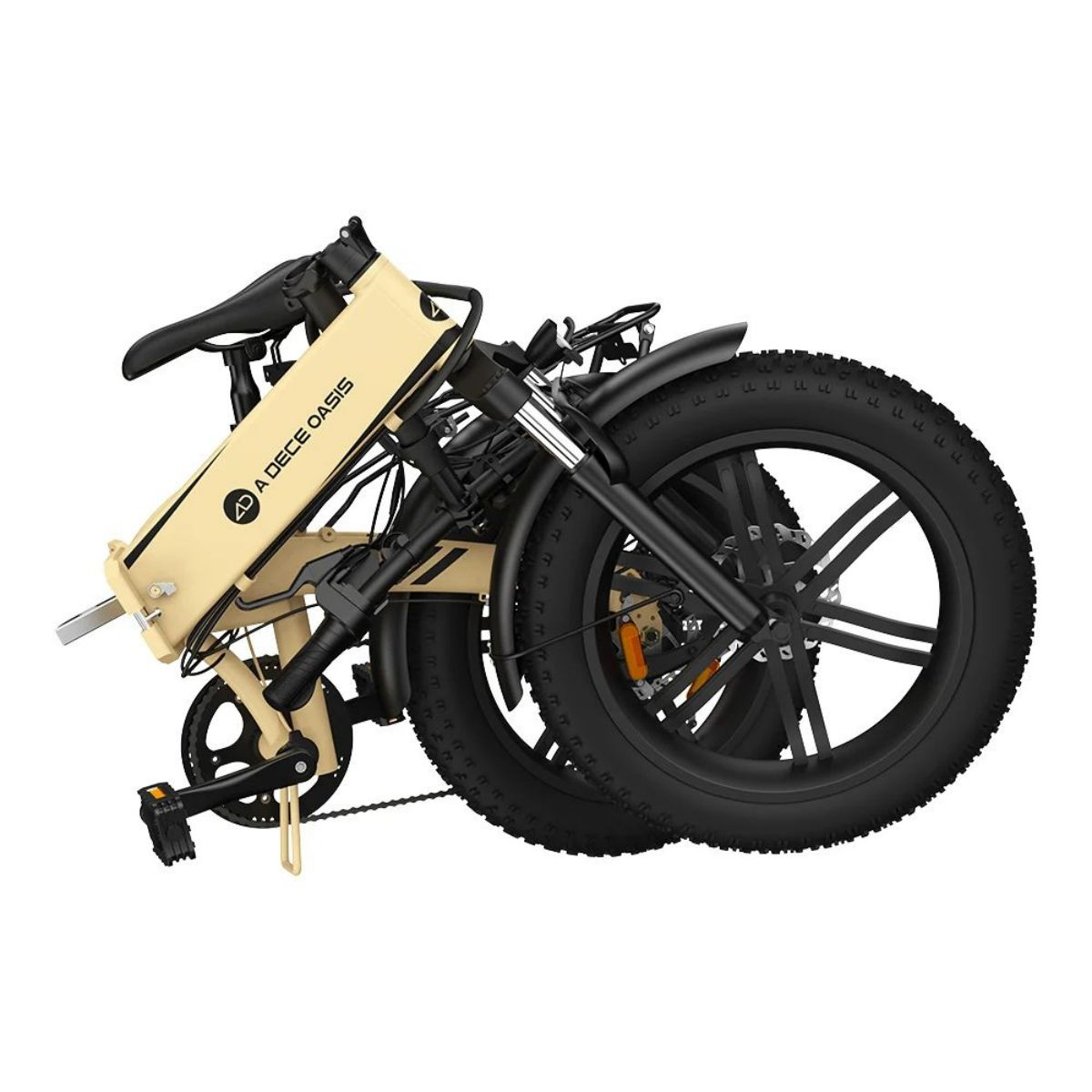 Bicicletta elettrica beige piegata, pneumatici neri e sfondo bianco.
