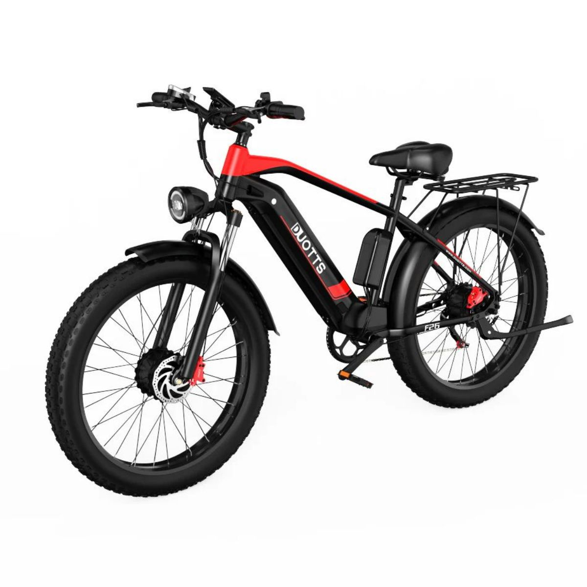 Ein Elektrofahrrad mit rot-schwarzem Design auf weißem Hintergrund.