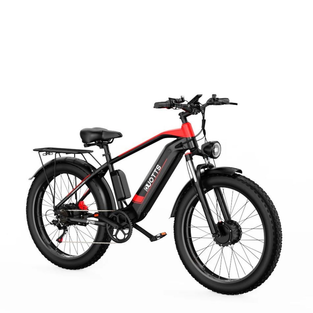 Ein schwarzes und rotes Elektrofahrrad mit großen Reifen, auf weißem Hintergrund, beschriftet DUOTTS.