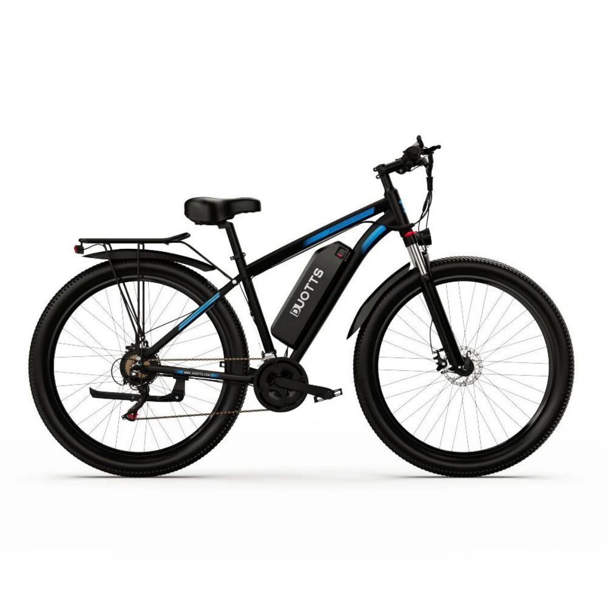 Schwarz-blaues Elektrofahrrad, Seitenansicht, auf weißem Hintergrund.