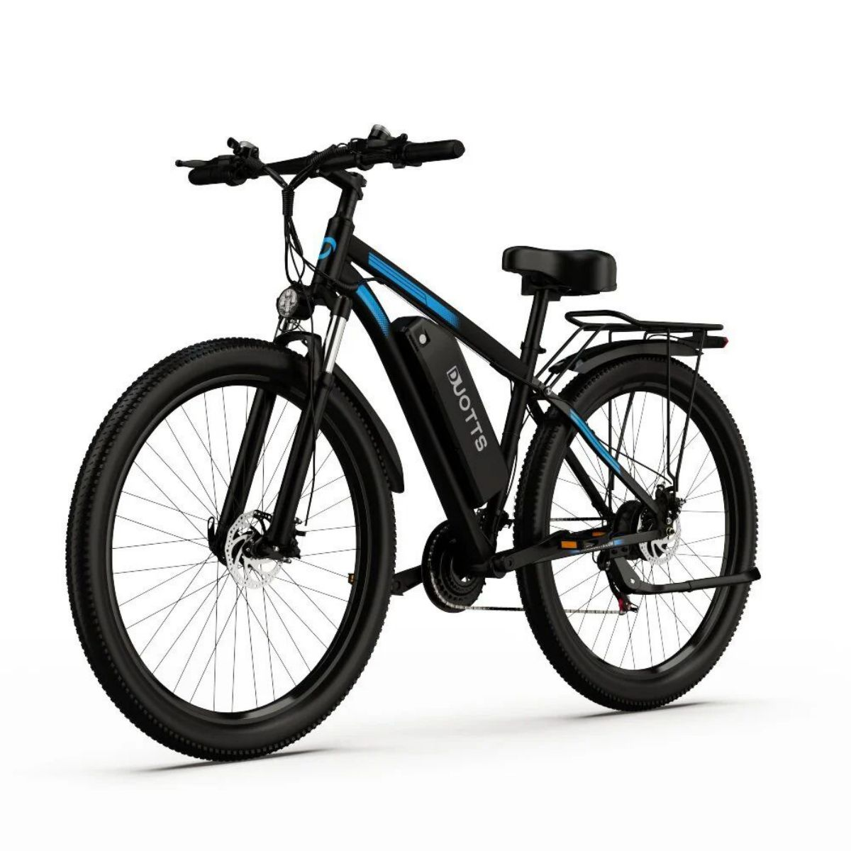 Schwarzes Elektrofahrrad auf Weiß. Schwarzer Rahmen, Reifen, Sitz und Batterie. Blauer Streifen am Rahmen.