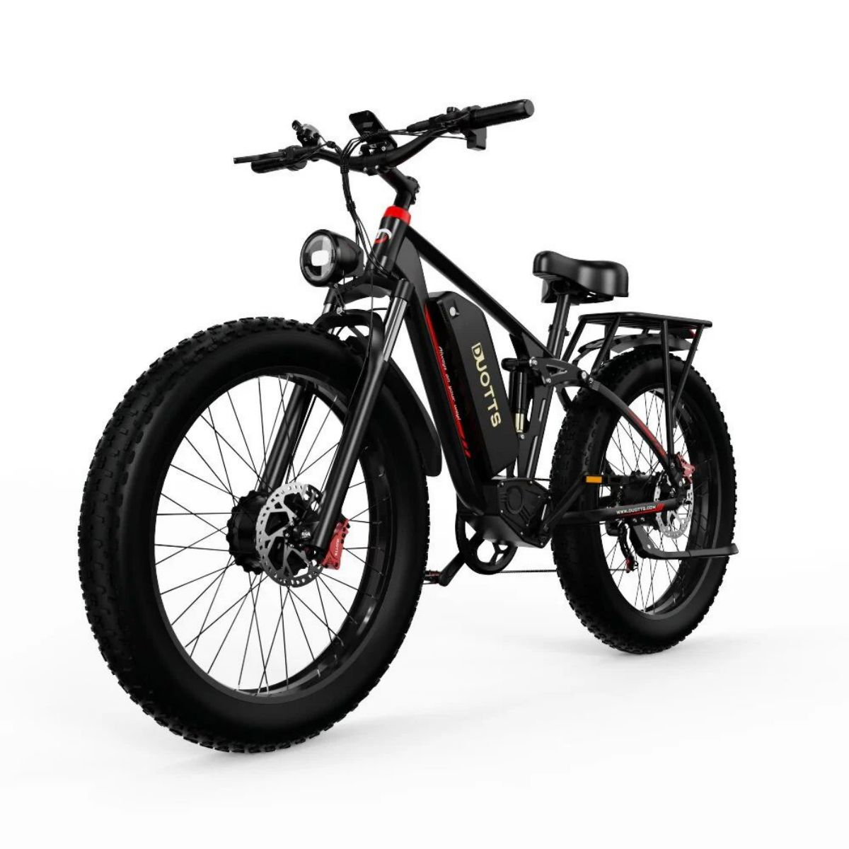 Schwarzes E-Bike mit breiten Reifen, Scheinwerfer und Akku, weißer Hintergrund.