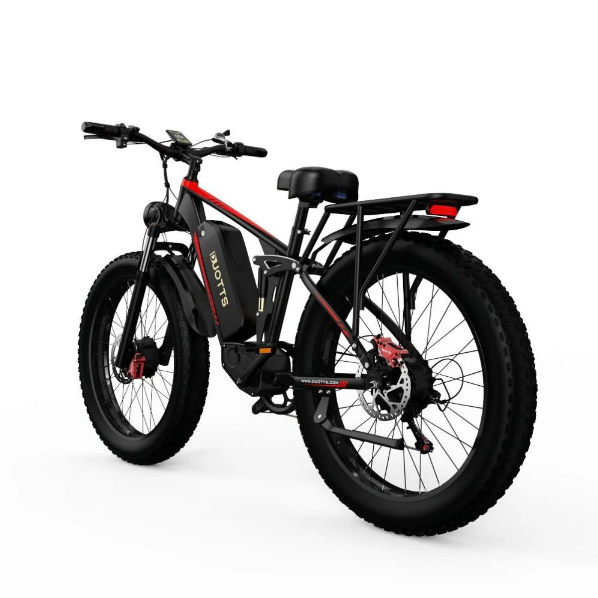 Ein Elektrofahrrad mit schwarzen Reifen, schwarzem Rahmen und roten Akzenten. Die Marke ist DUOTTS.