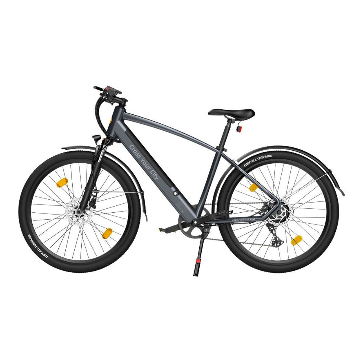 Bicicletta elettrica grigia. Ha pneumatici e componenti neri, su sfondo bianco.