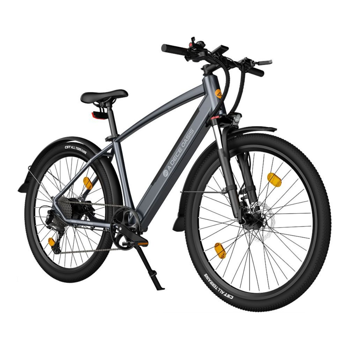 Una bicicletta elettrica grigia, vista di lato. Ha pneumatici neri, un sedile e una luce anteriore.