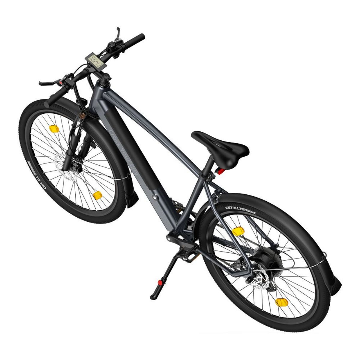 Una e-bike, vista dall'alto, con telaio grigio, pneumatici neri e vari componenti visibili.