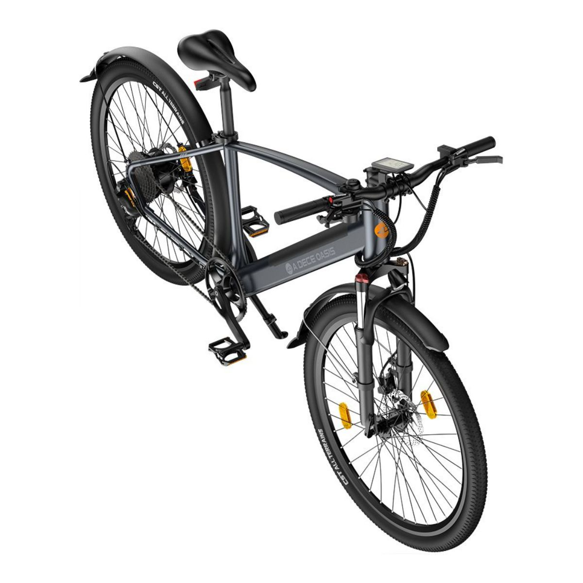 Una e-bike su sfondo bianco, con telaio grigio e pneumatici neri, vista angolata.