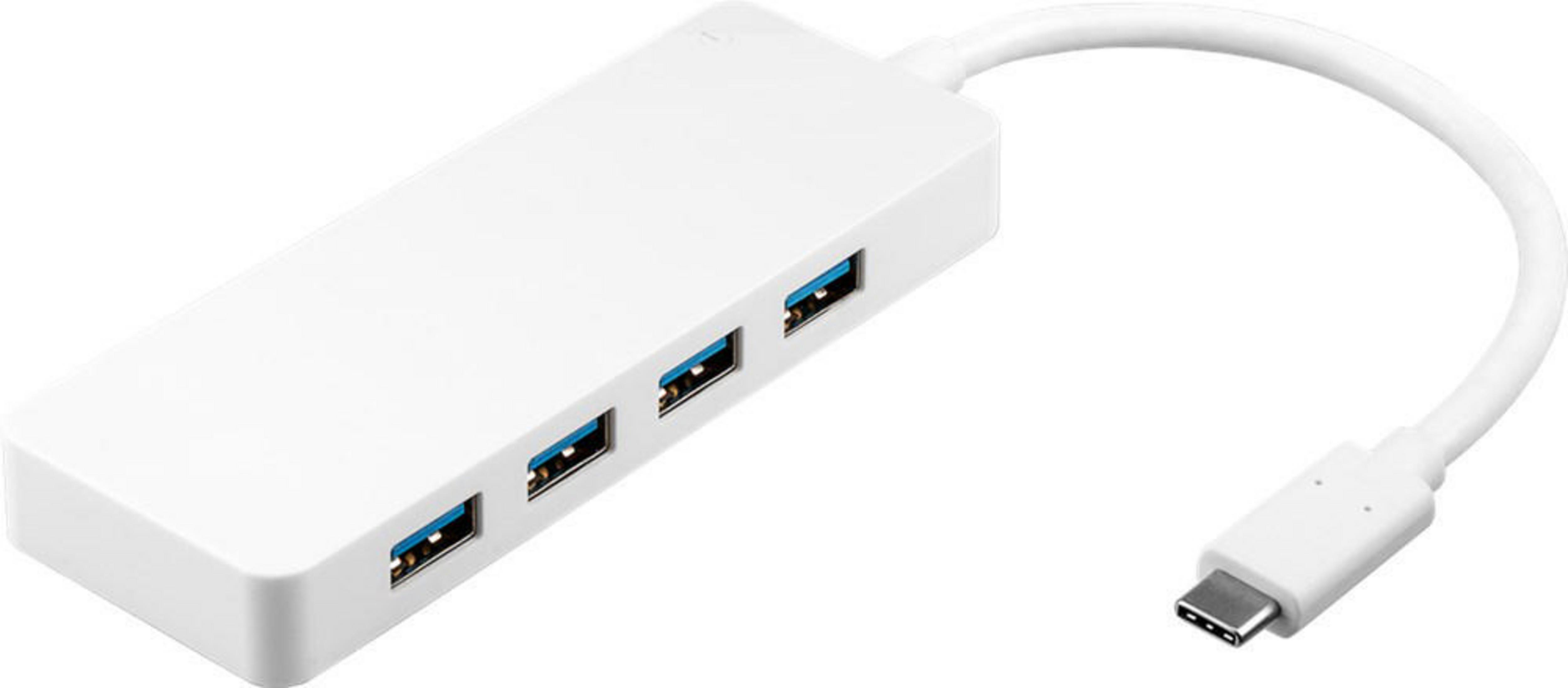 Weißer USB-Hub mit vier USB-Anschlüssen und einem USB-C-Kabel. Er liegt auf weißem Hintergrund.