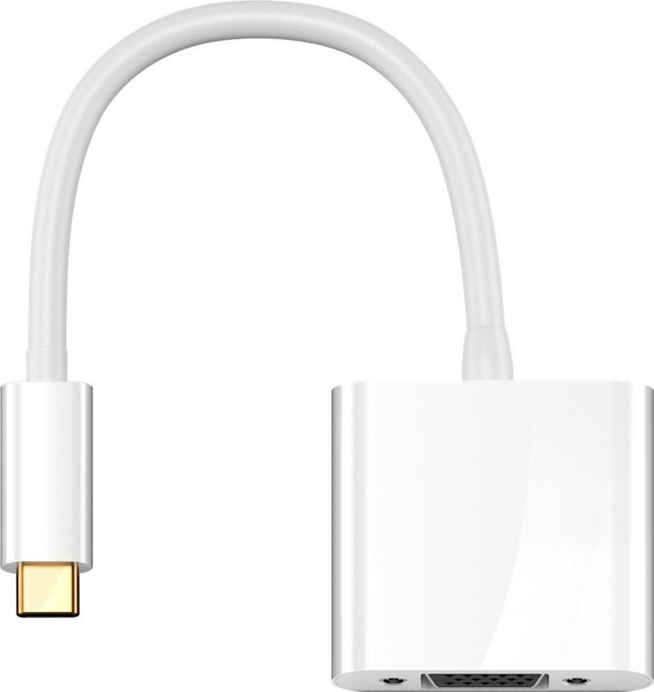 Weißer Adapter mit USB-C-Anschluss, verbunden mit weißem Kabel und VGA-Anschluss.