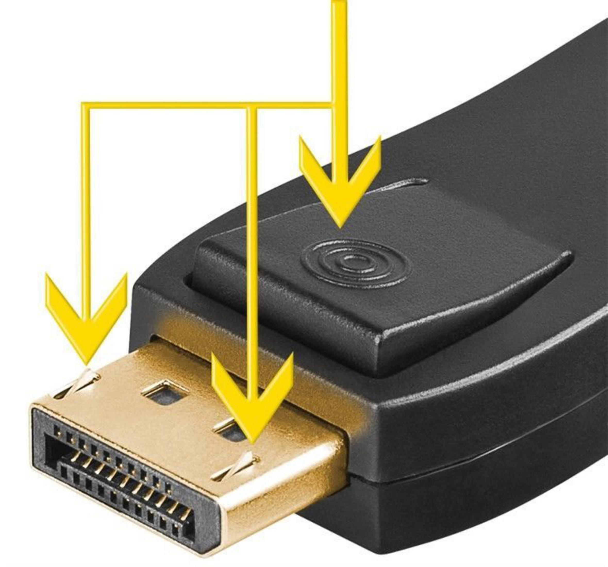 Czarny kabel DisplayPort ze złotym złączem i strzałkami wskazującymi na złącze.