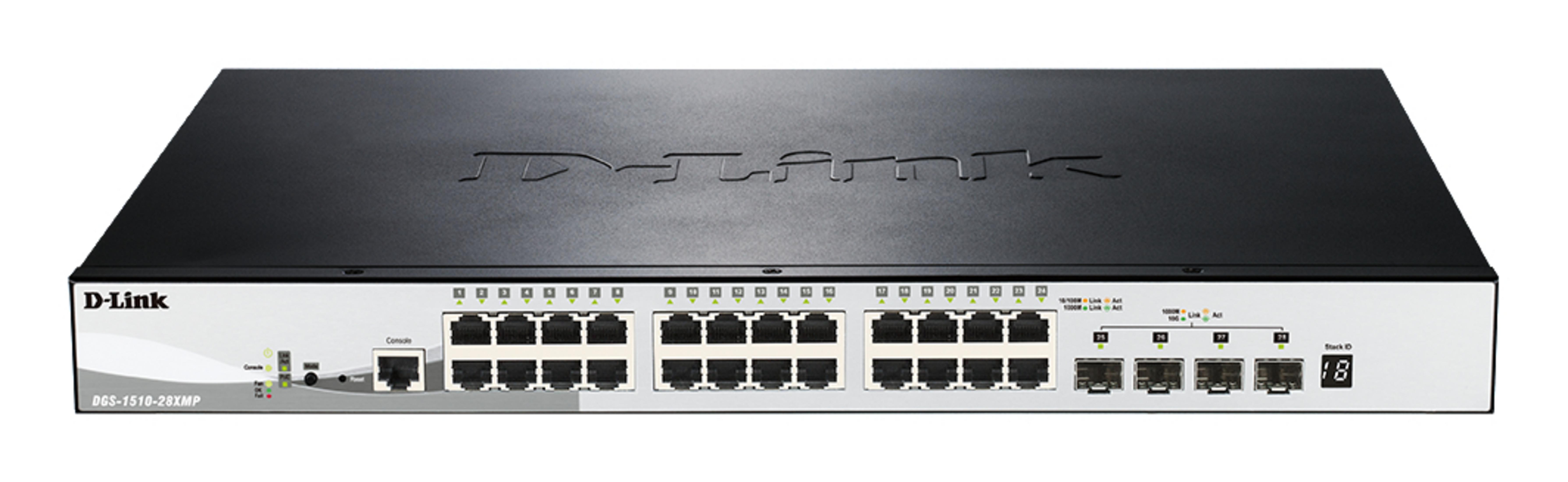 Switch di rete D-Link nero con più porte e indicatori. Sfondo bianco.