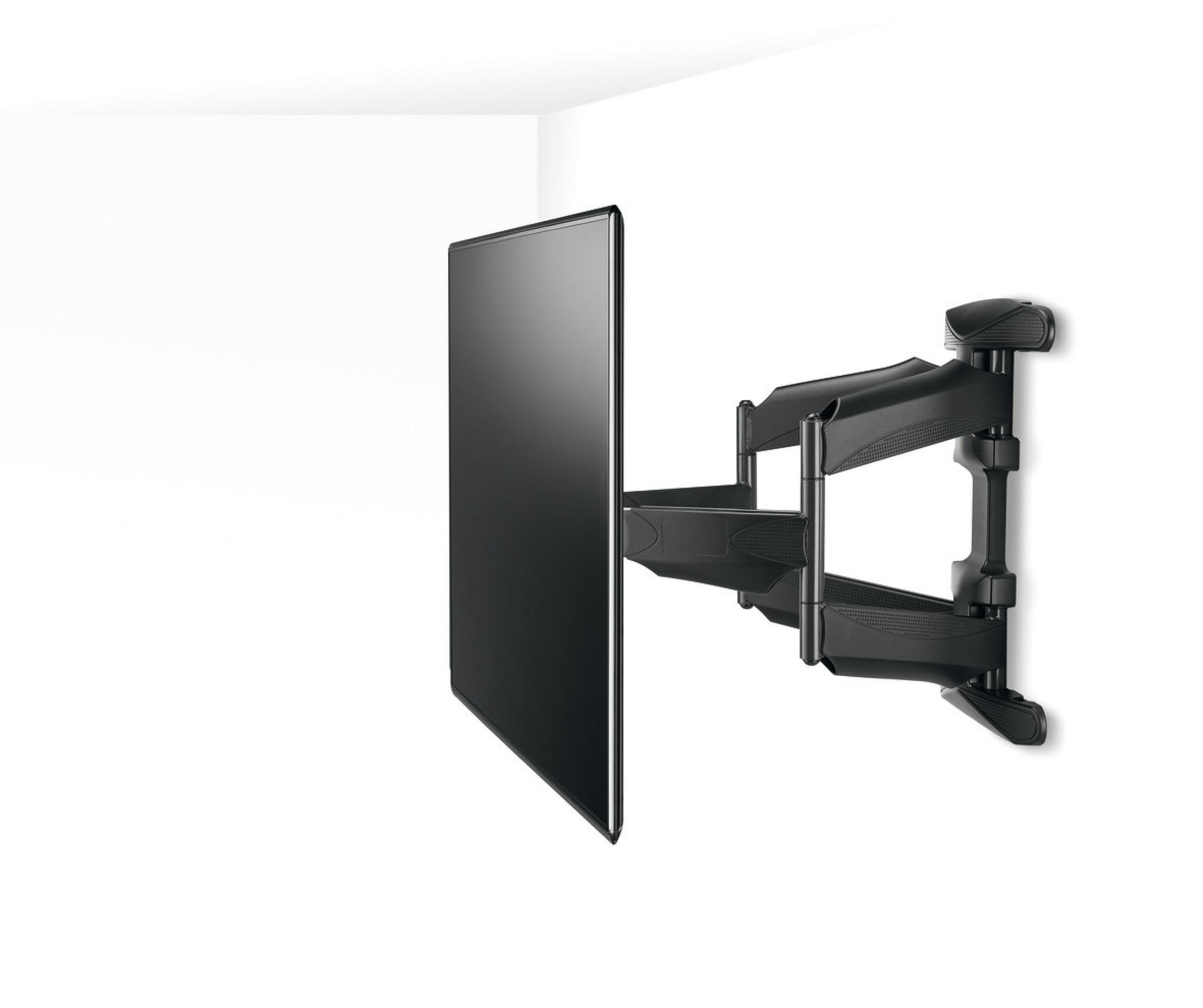 Czarny telewizor zamontowany na ścianie, widoczne czarno-szare ramię przegubowe.