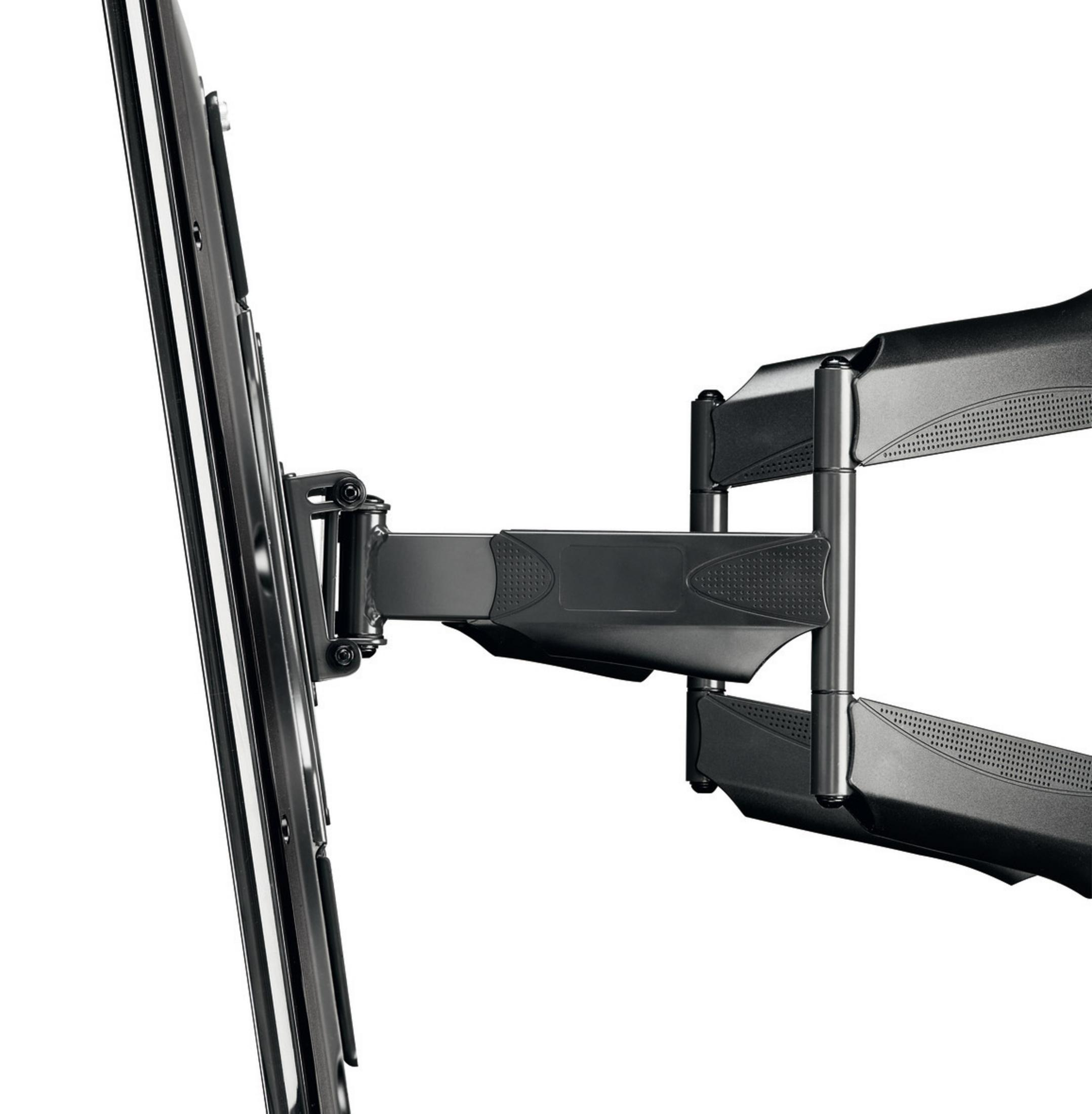 Czarne ramię uchwytu TV jest wysunięte ze ściany. Uchwyt podtrzymuje czarny telewizor z ekranem.