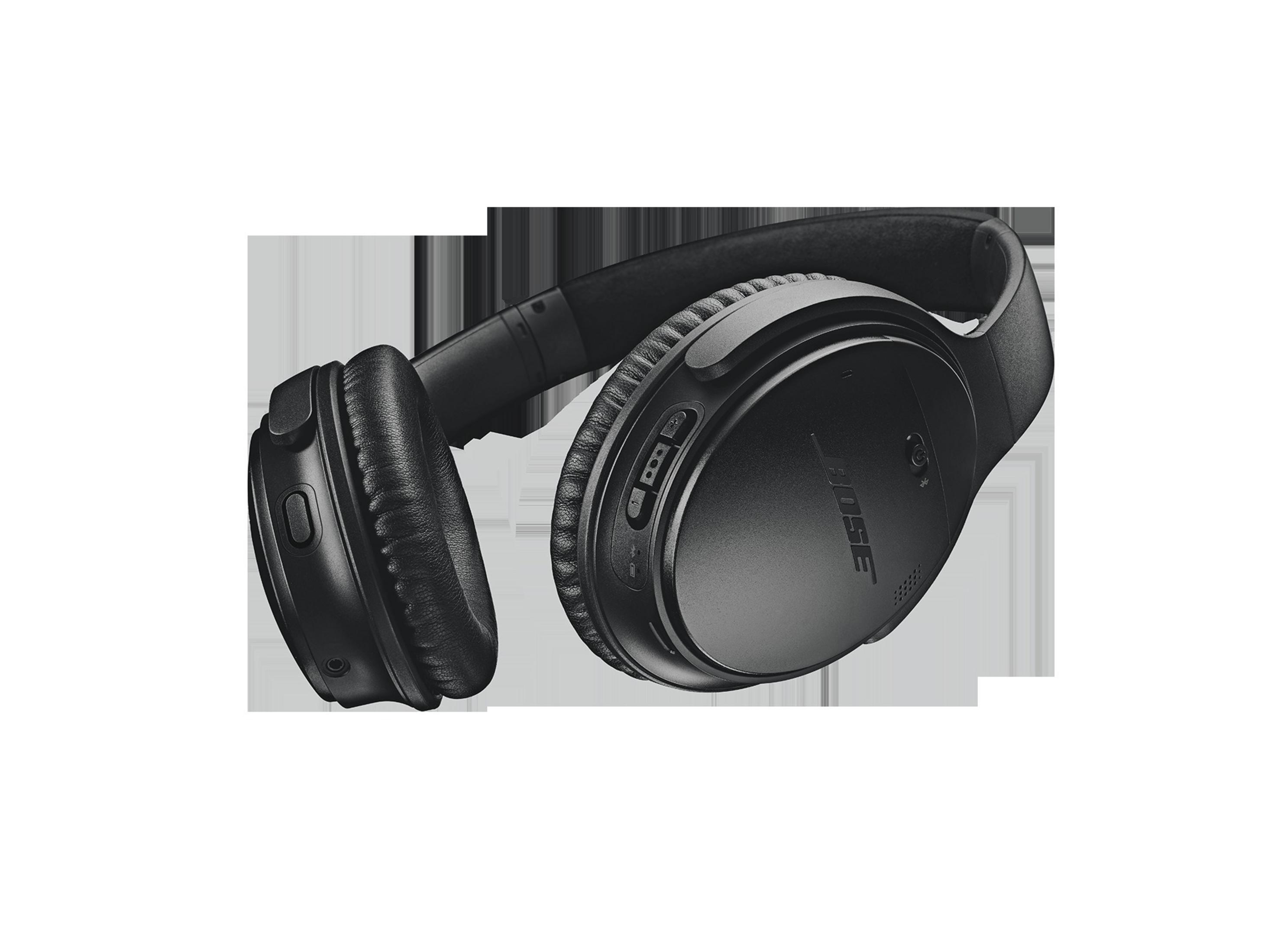 Schwarze Bose-Kopfhörer. Ohrmuscheln und Kopfband sind sichtbar. Bose steht auf der Ohrmuschel.