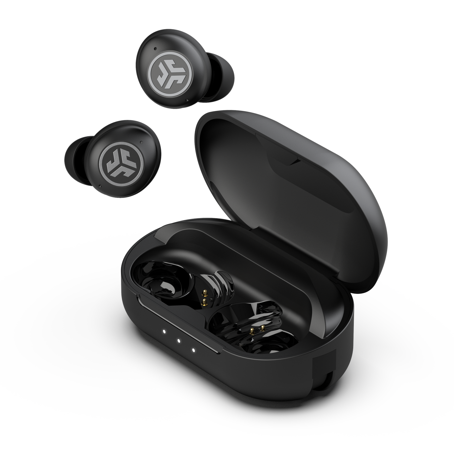 Czarne bezprzewodowe słuchawki i etui ładujące. Etui otwarte.