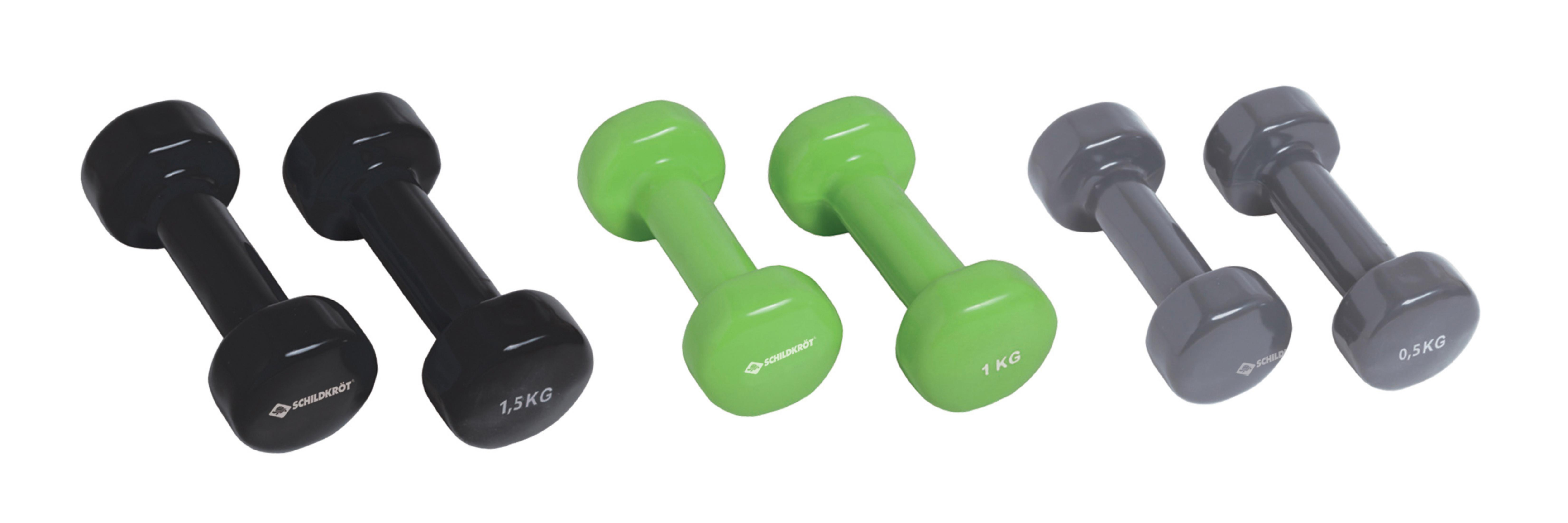 Hantel-Set. Schwarz 1,5 kg, grün 1 kg und grau 0,5 kg Hanteln.