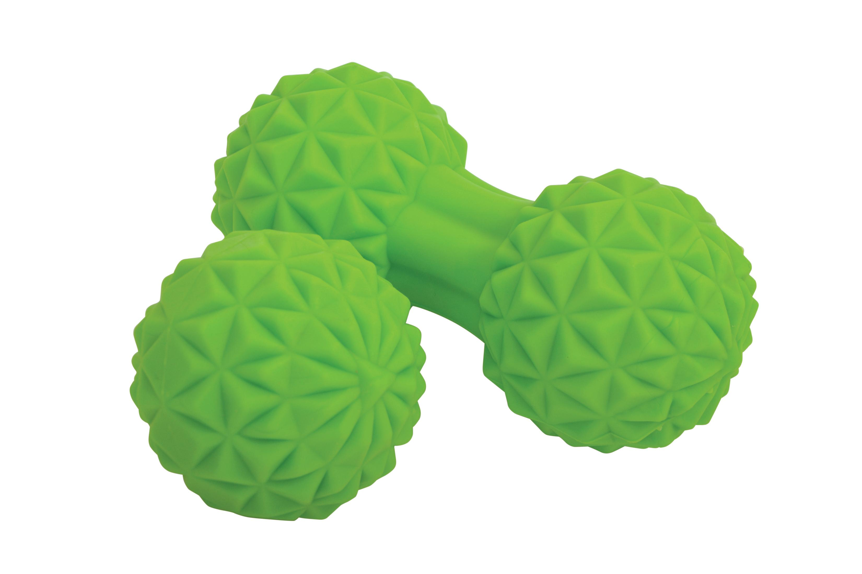 Giocattolo per cani a forma di manubrio verde con superfici strutturate. Il giocattolo è su sfondo bianco.