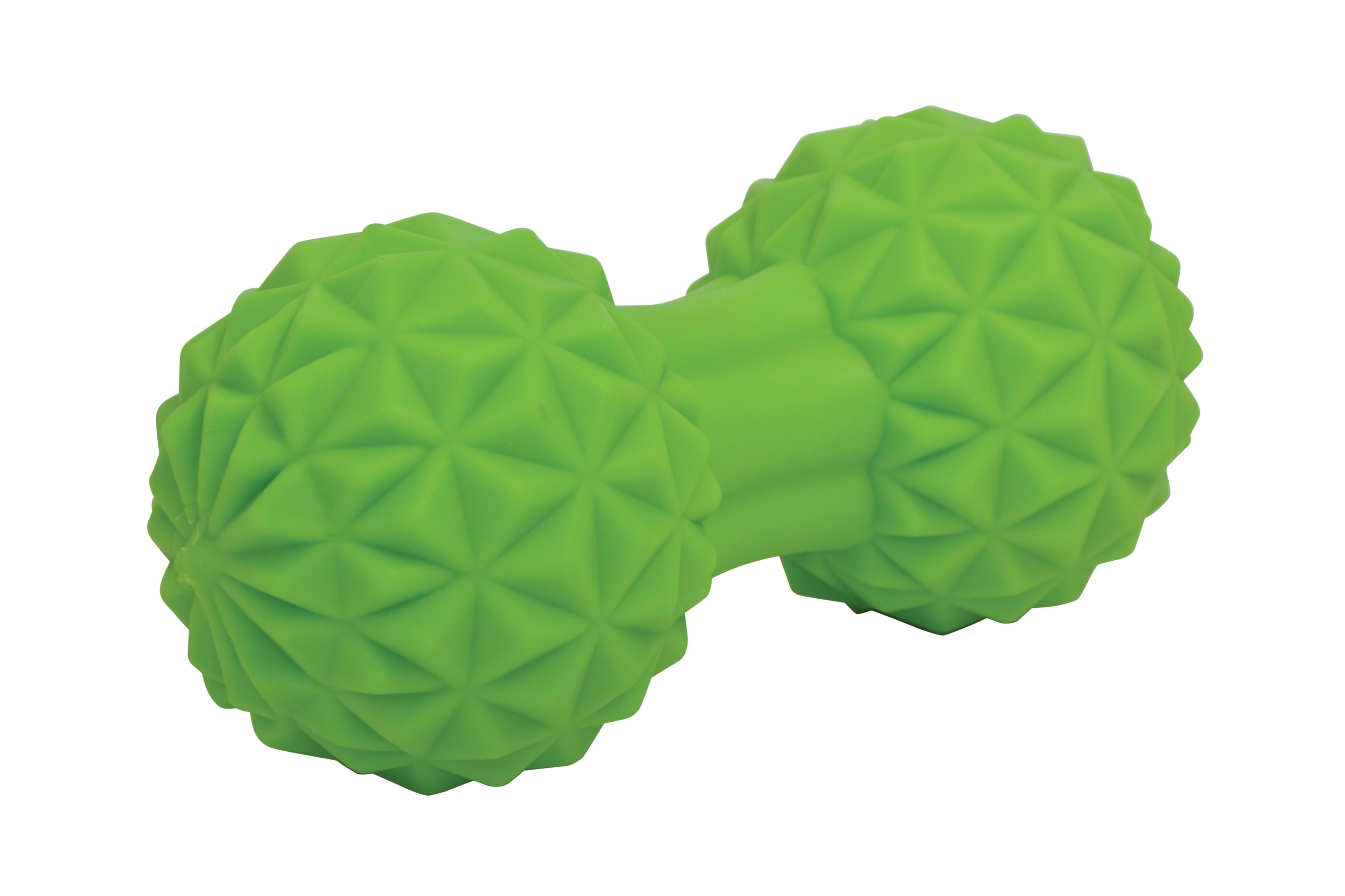 Un giocattolo per cani a forma di manubrio verde con superfici strutturate, su sfondo bianco.