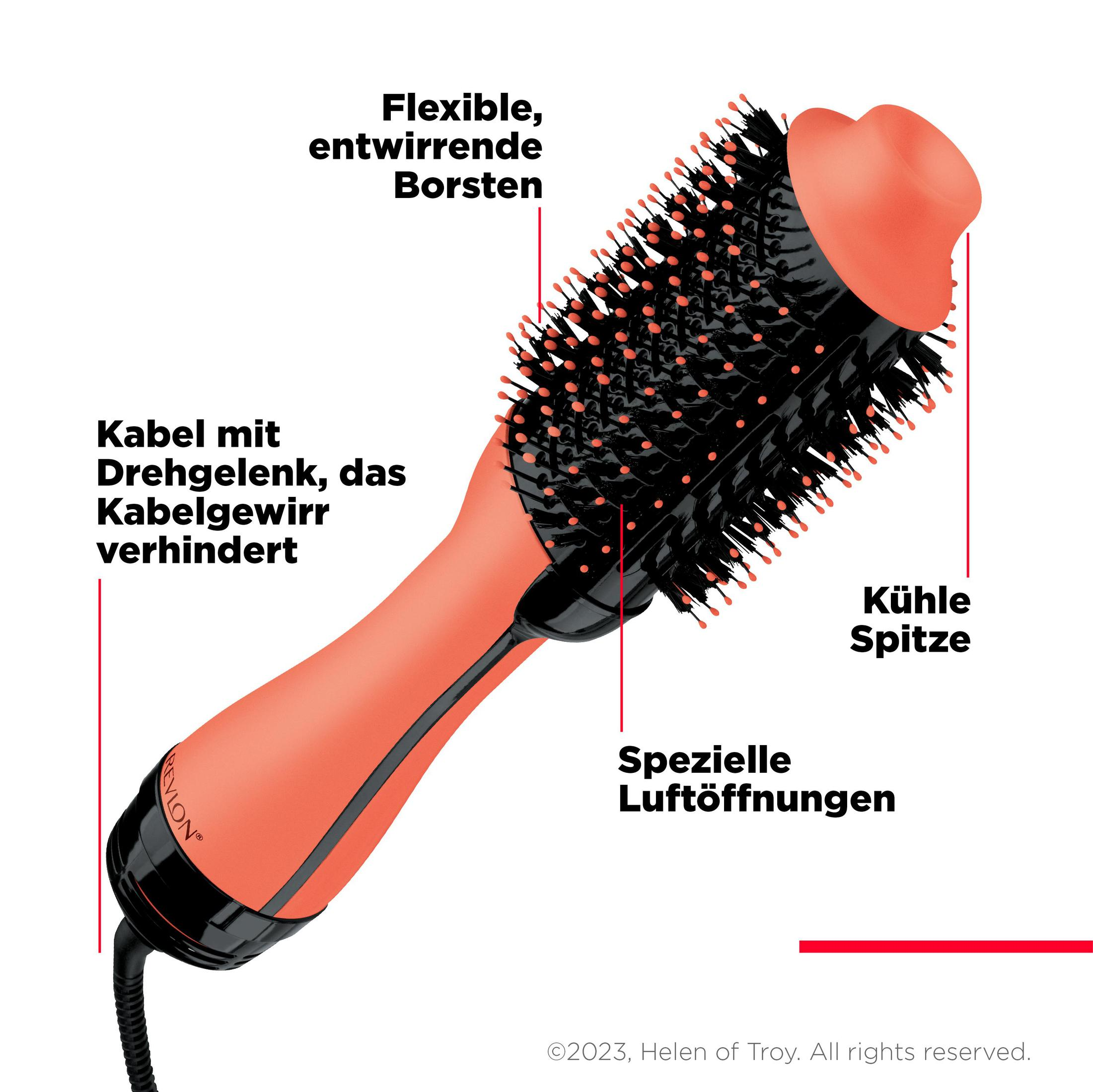 Szczotka do suszenia włosów w kolorze brzoskwini z etykietami wskazującymi na kluczowe cechy. Ma czarny uchwyt.