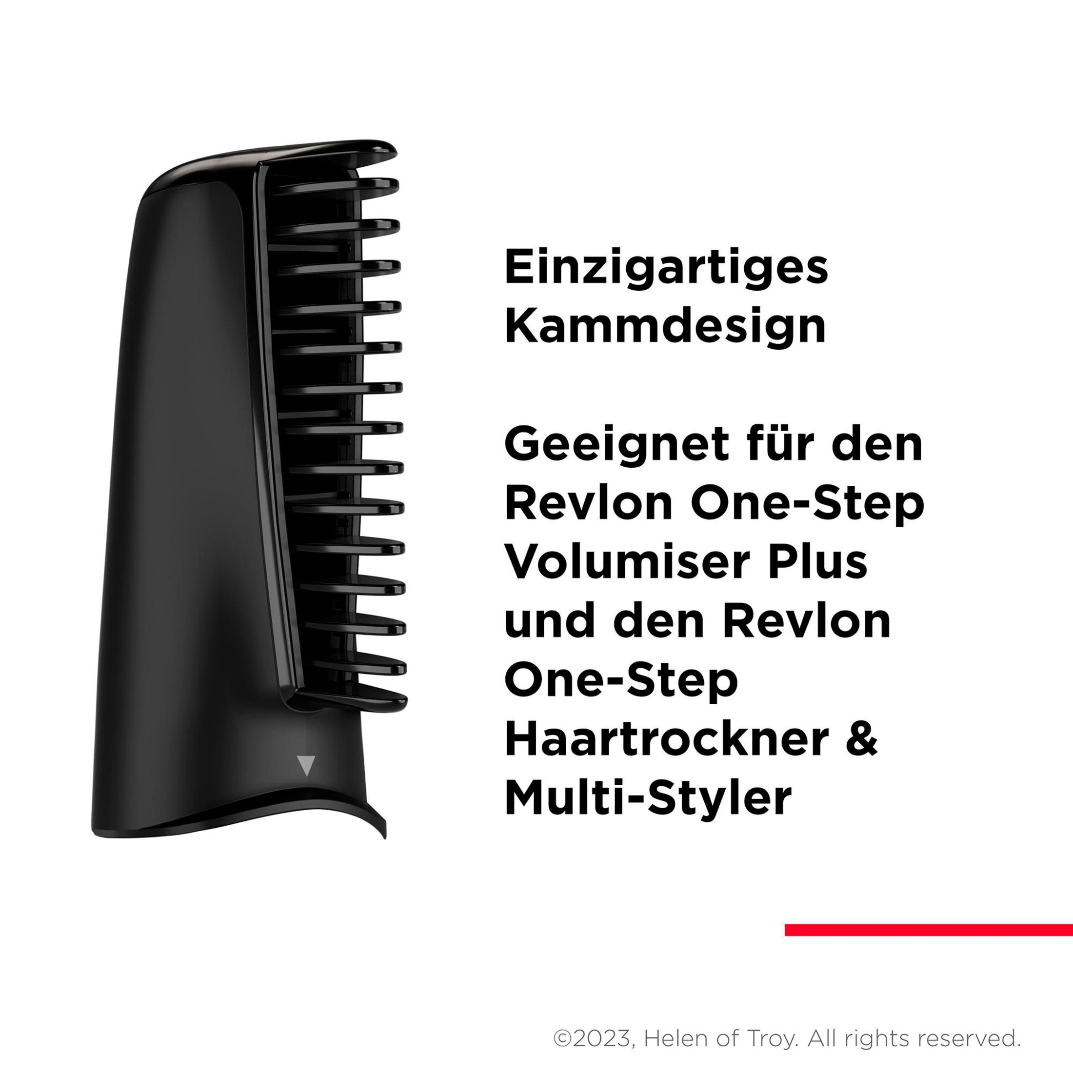 Un pettine nero per lo styling dei capelli con il testo: "Einzigartiges Kammdesign" e testo sui prodotti Revlon One-Step.