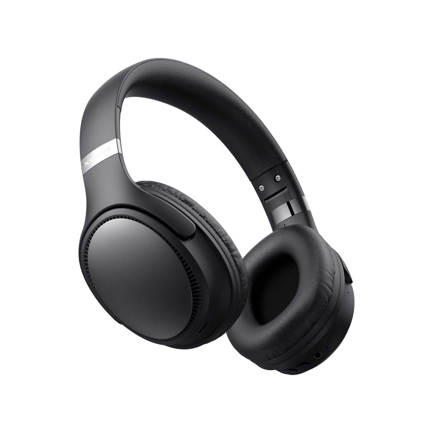 Schwarze Kopfhörer, Over-Ear-Design. Enthält Ohrmuscheln und ein Kopfband, weißer Hintergrund.