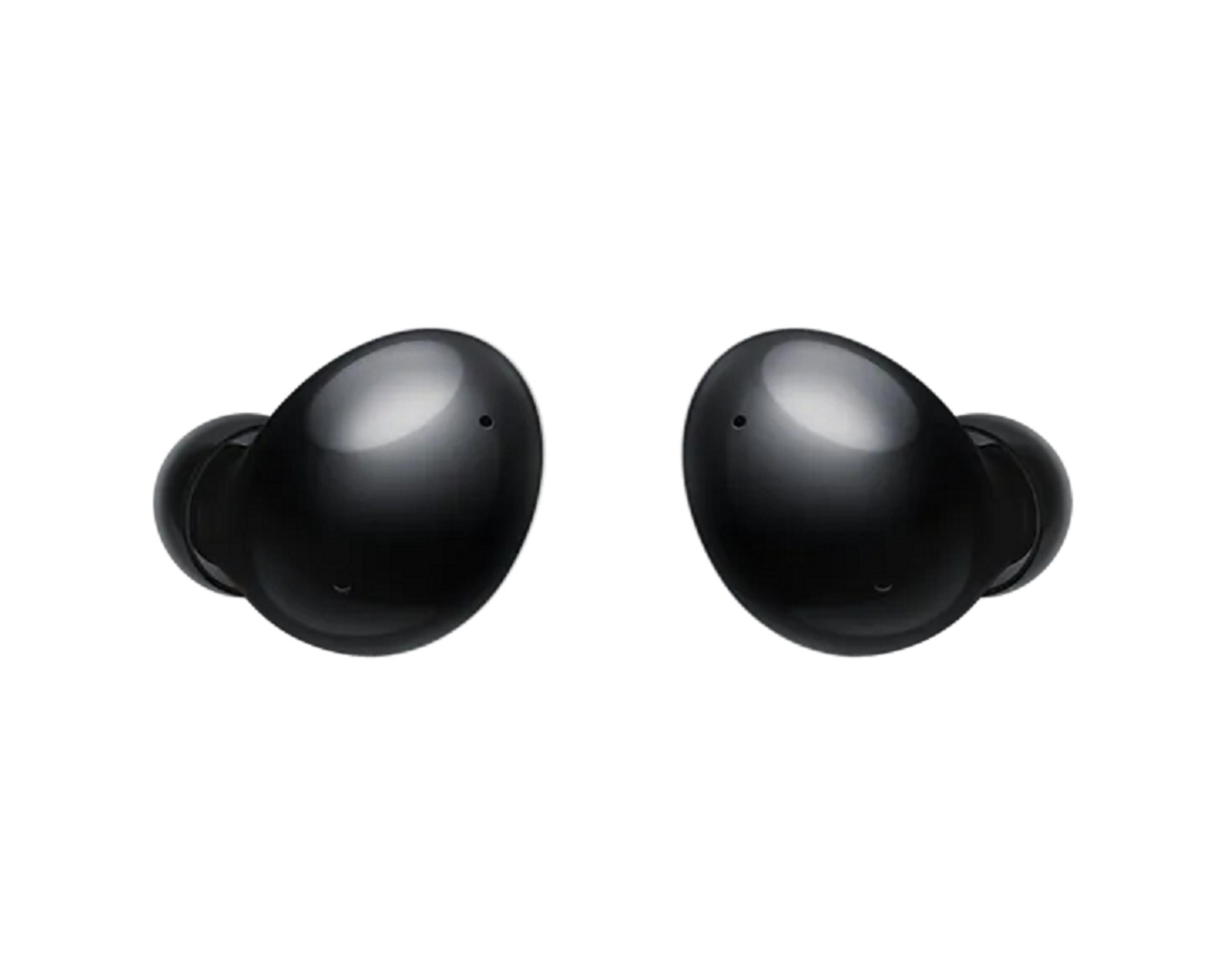 Zwei schwarze kabellose Ohrhörer auf weißem Hintergrund. Oval geformt mit kleinem Mikrofonloch.