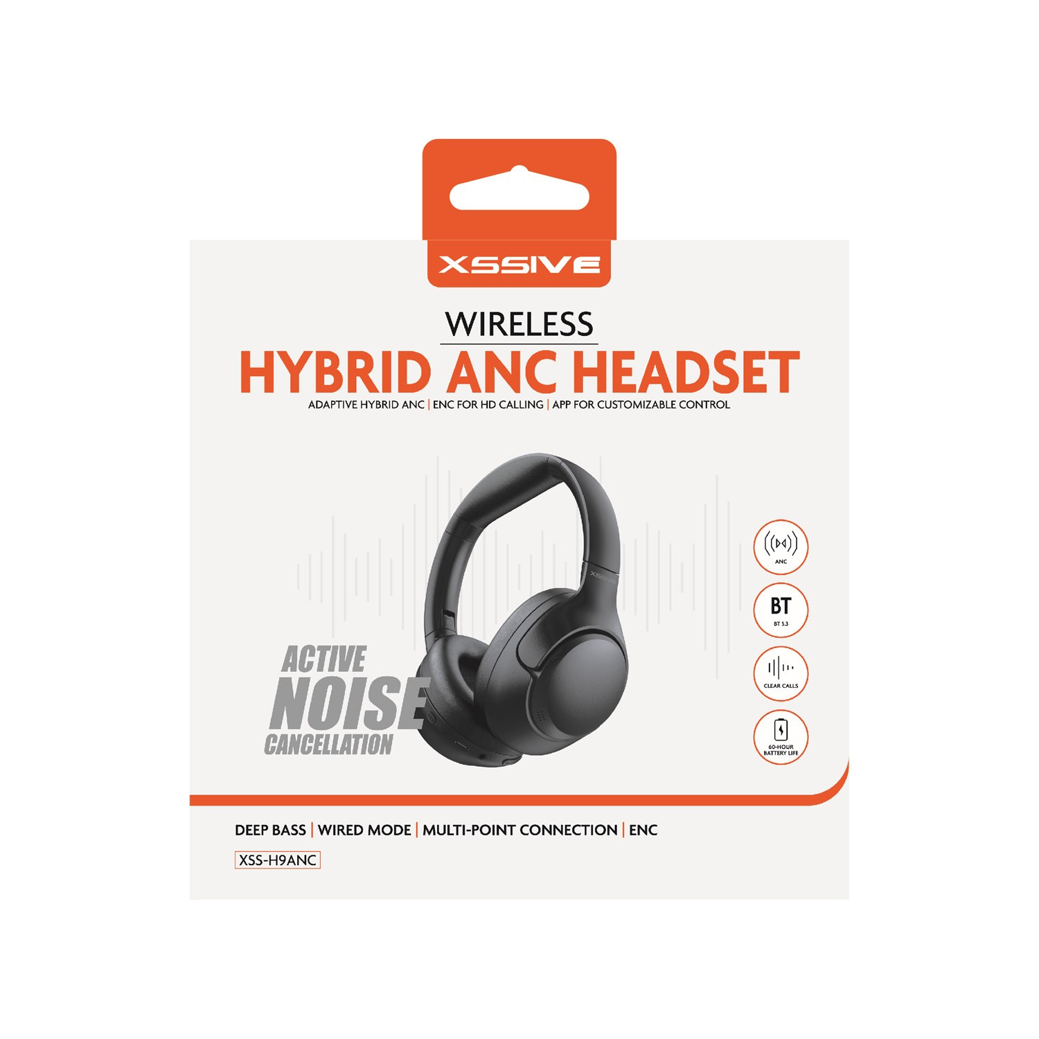Ein schwarzes Hybrid-ANC-Headset mit drahtlosen Funktionen und aktiver Geräuschunterdrückung. Die Verpackung ist sichtbar.