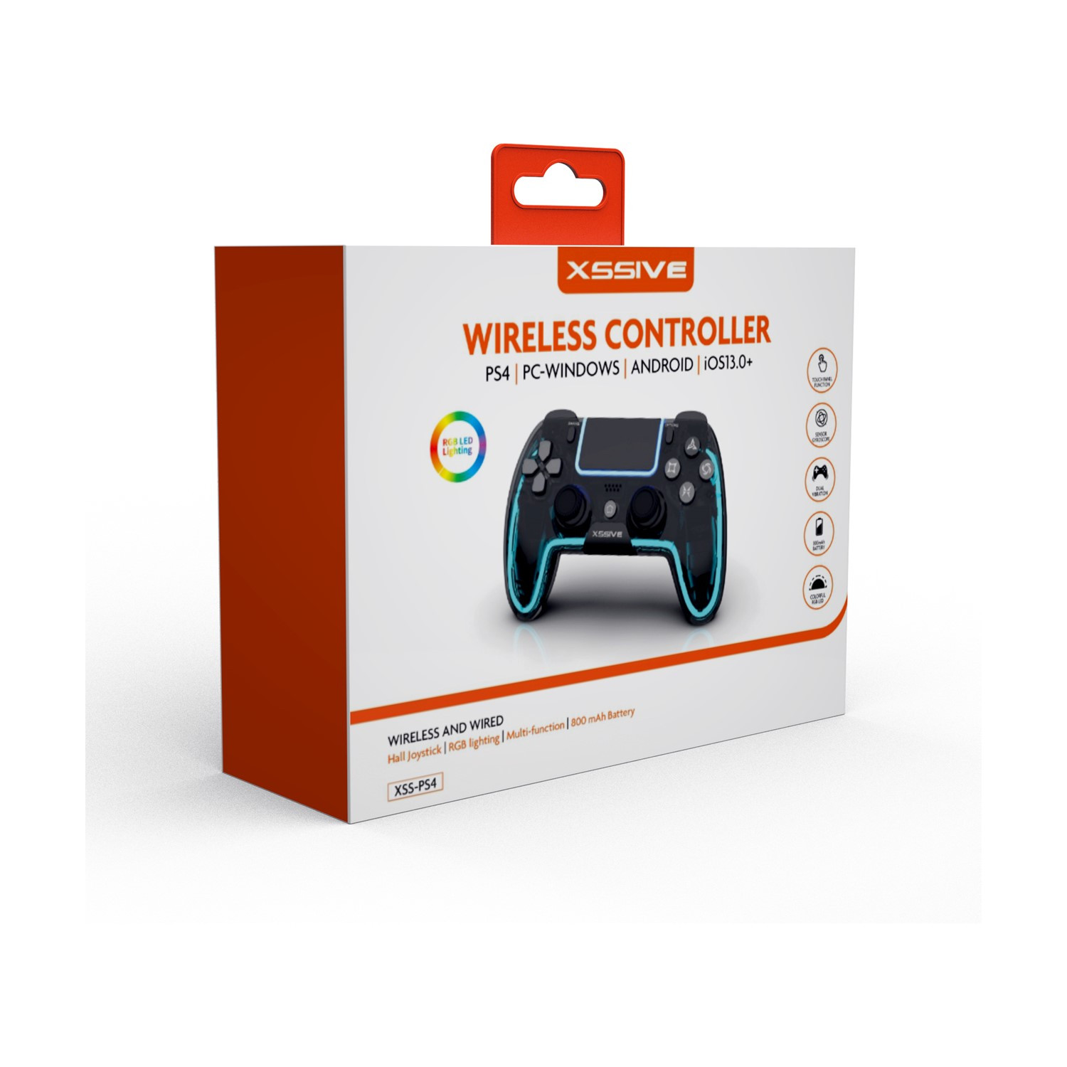 Box für einen kabellosen Controller, schwarz-blaues Design. Weißer Hintergrund.