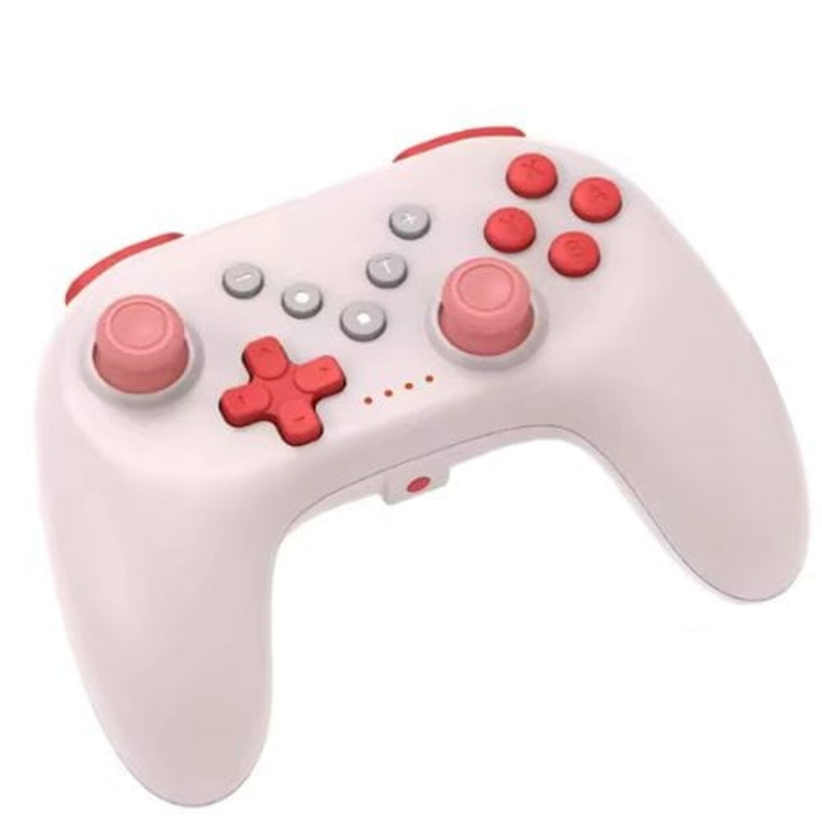 Gamepad blanco con joystick y botones rosas. Fondo blanco.