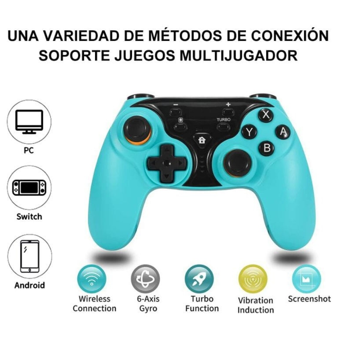 Mando de juegos azul con iconos de PC, Switch, Android.