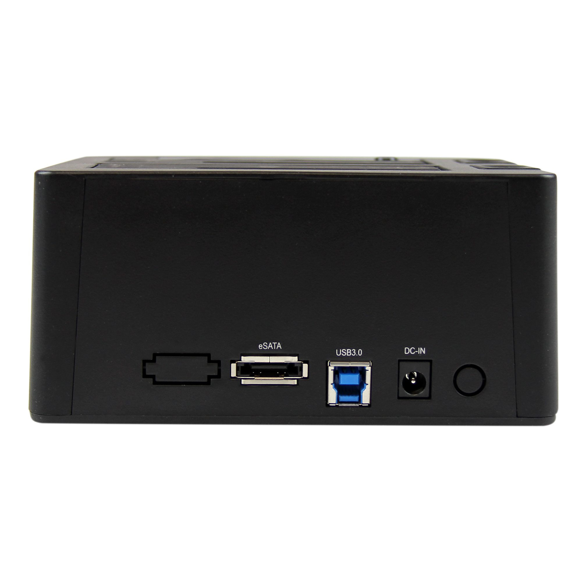 Schwarzes externes Festplattengehäuse. Zeigt Anschlüsse: eSATA, USB 3.0, DC-IN und einen Power-Button.