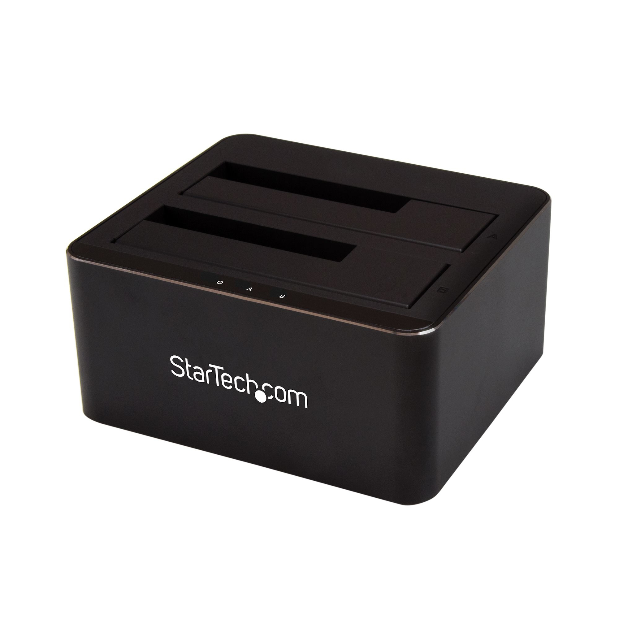 Een zwart dockingstation voor harde schijven met het StarTech.com-logo. Twee sleuven bovenop, witte achtergrond.