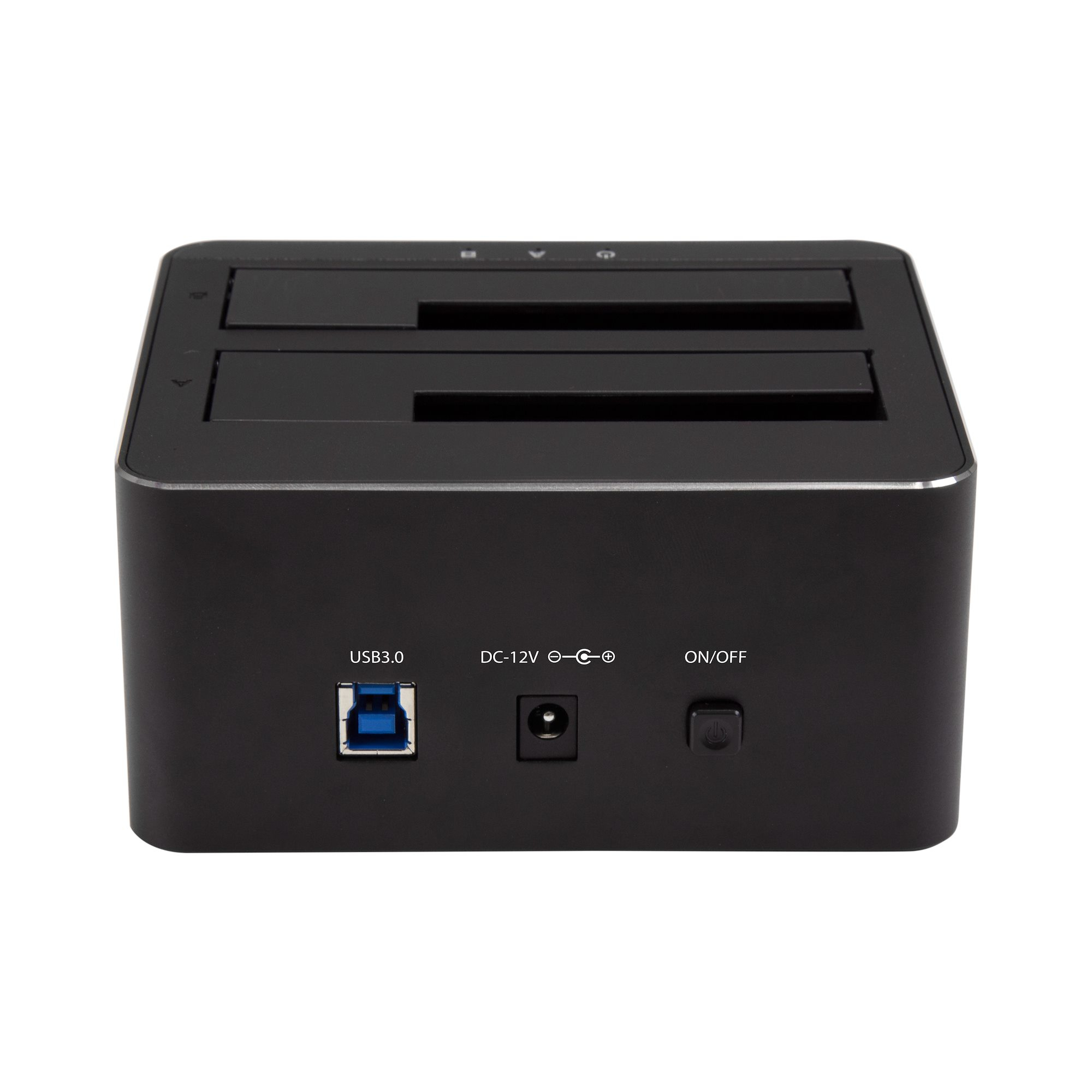 Zwart harde schijf docking station met USB 3.0, DC-12V en aan/uit knoppen.