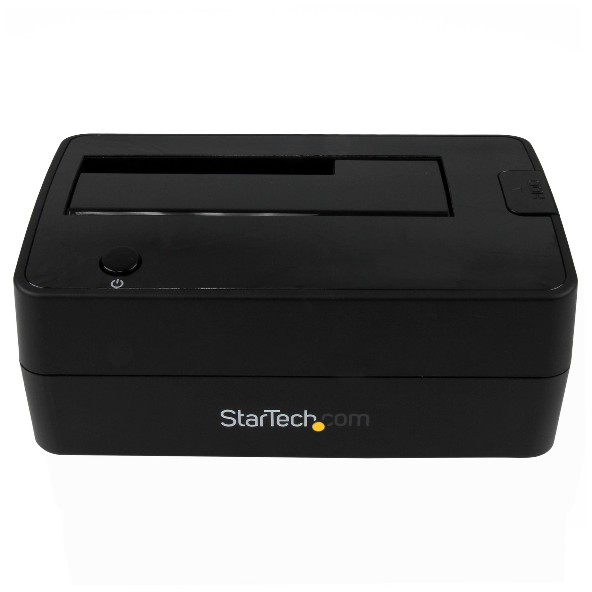 Een zwarte behuizing voor een harde schijf met een aan/uit-knop en een StarTech.com-logo.