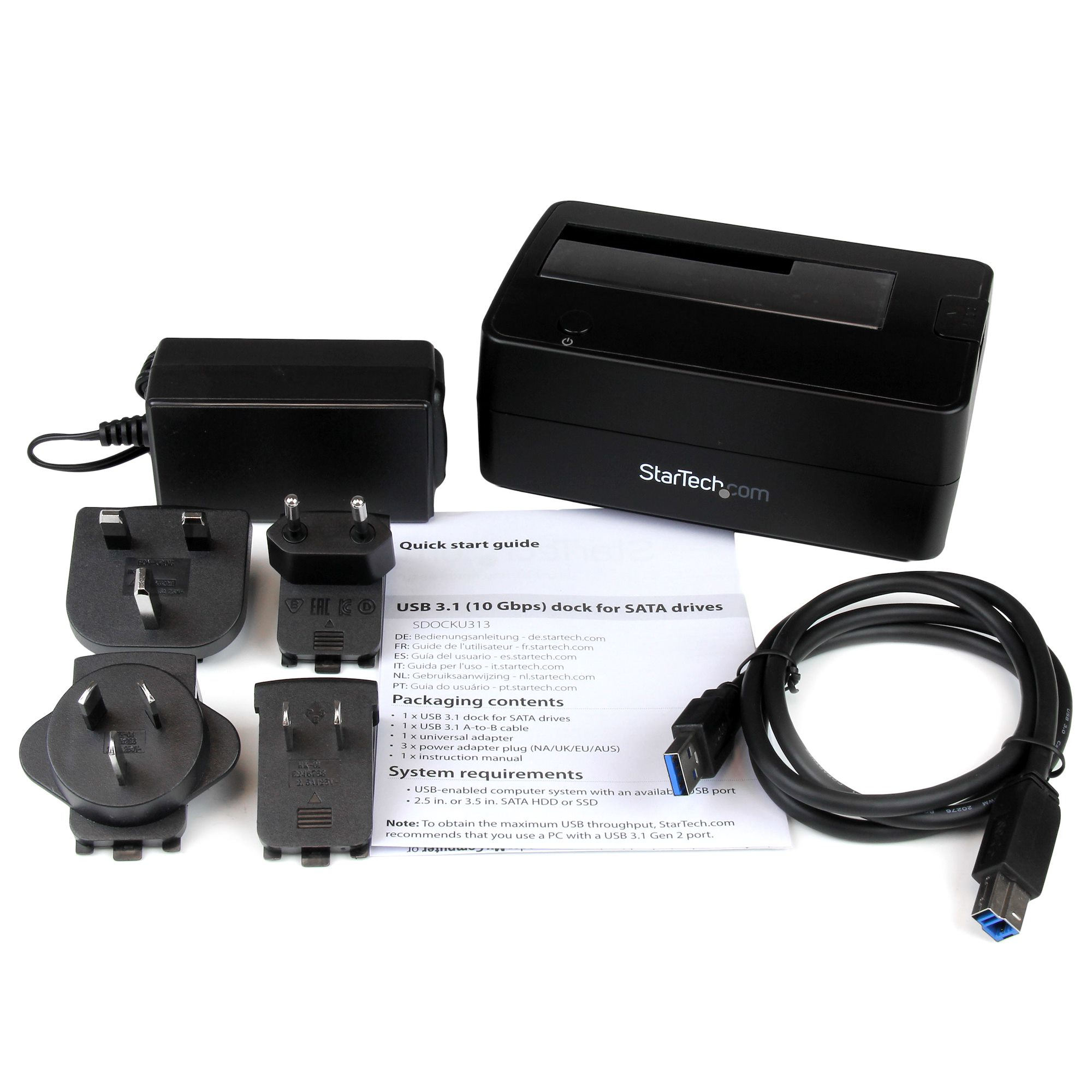 Zwart USB 3.1 (10 Gbps) dock met accessoires en een snelstartgids.