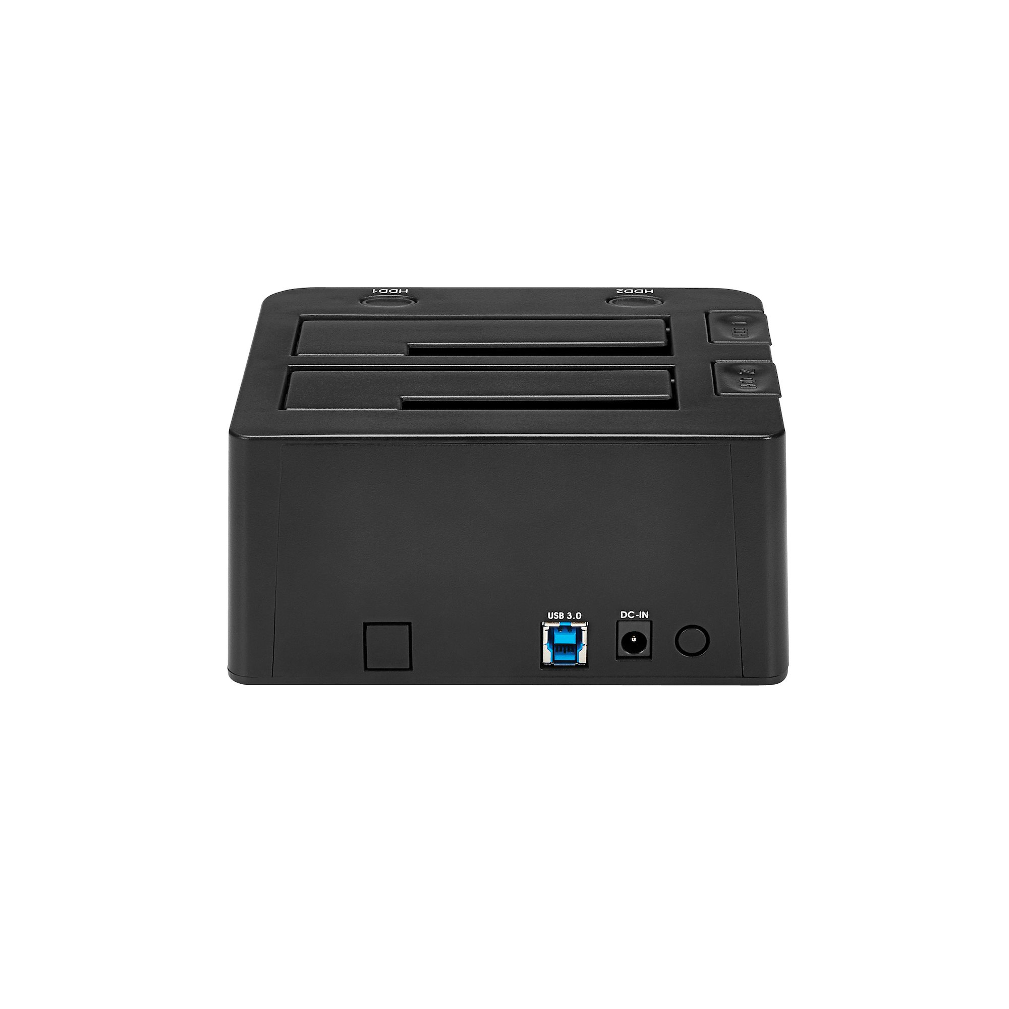 Estación de acoplamiento de disco duro negra con dos ranuras. Puertos USB 3.0 y DC-IN visibles en la parte delantera.