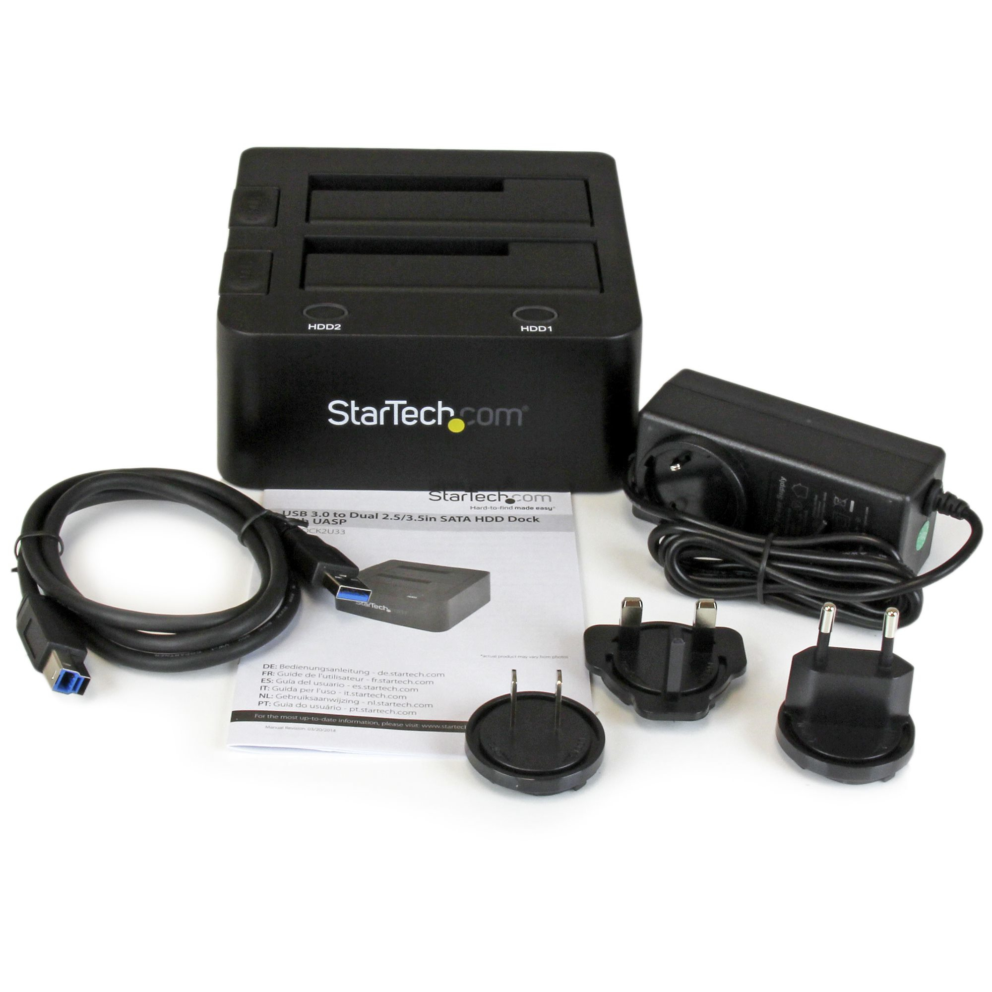 Base USB 3.0 a SATA HDD Dual 2.5/3.5in negra con accesorios.