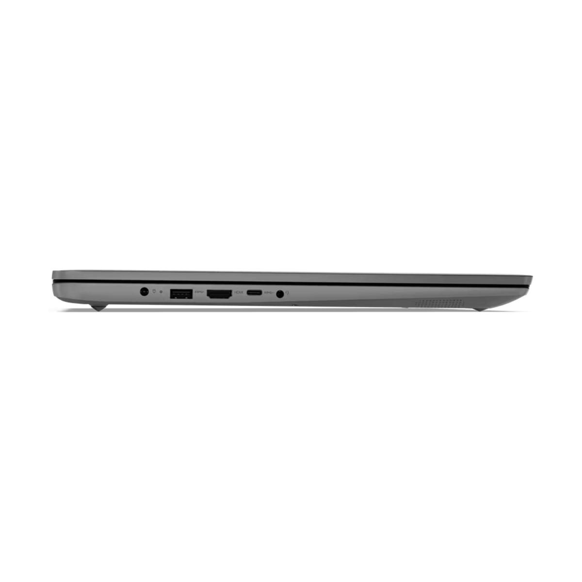 Ein grauer Laptop von der Seite gesehen. Er hat Anschlüsse an der Seite.